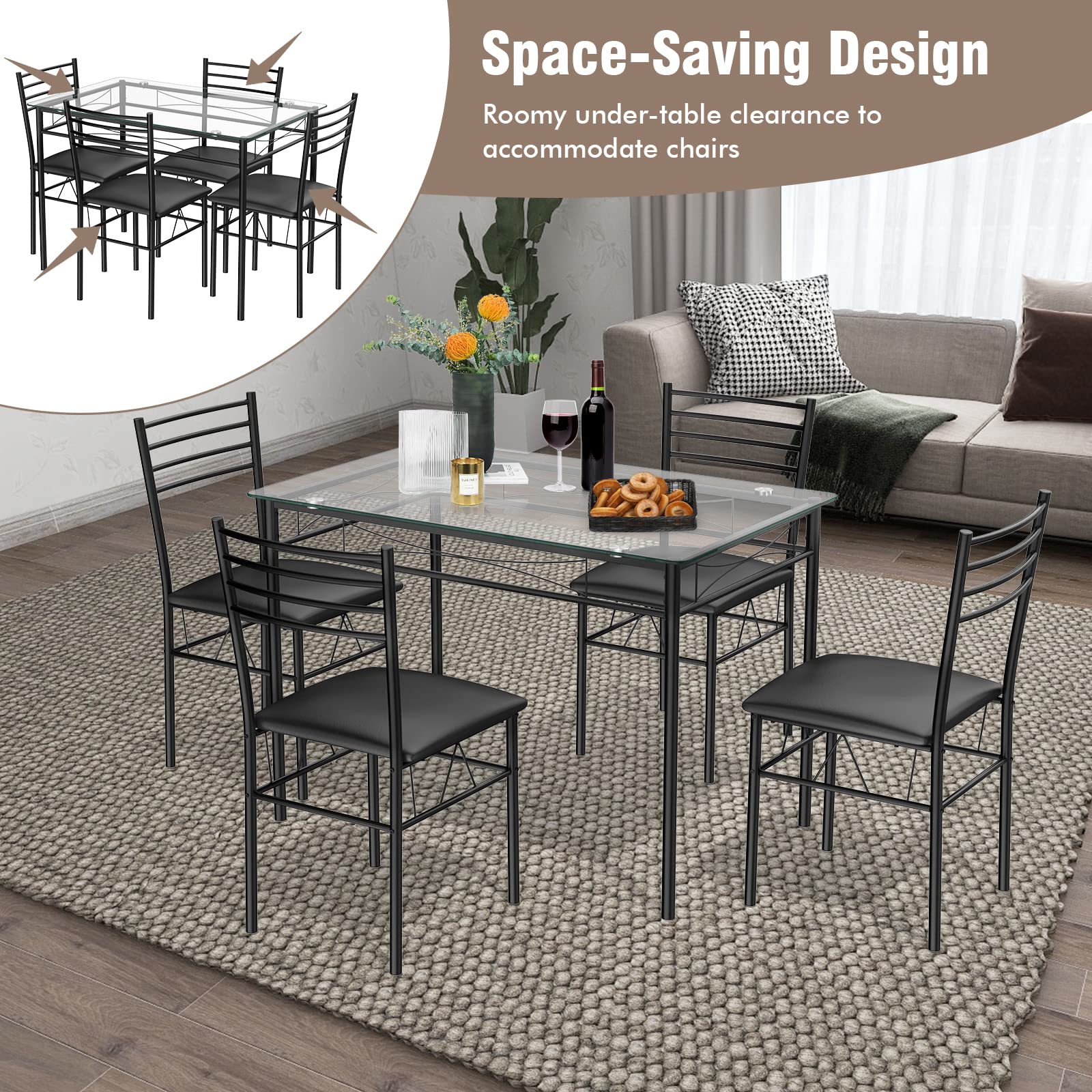 Tangkula 5-Piece Dining Table Set with Tempered Glass Top & 4 Chairs - Modern Kitchen & Dining Room Furniture in Black - Perfect for Small Spaces, Apartments & Family Meals