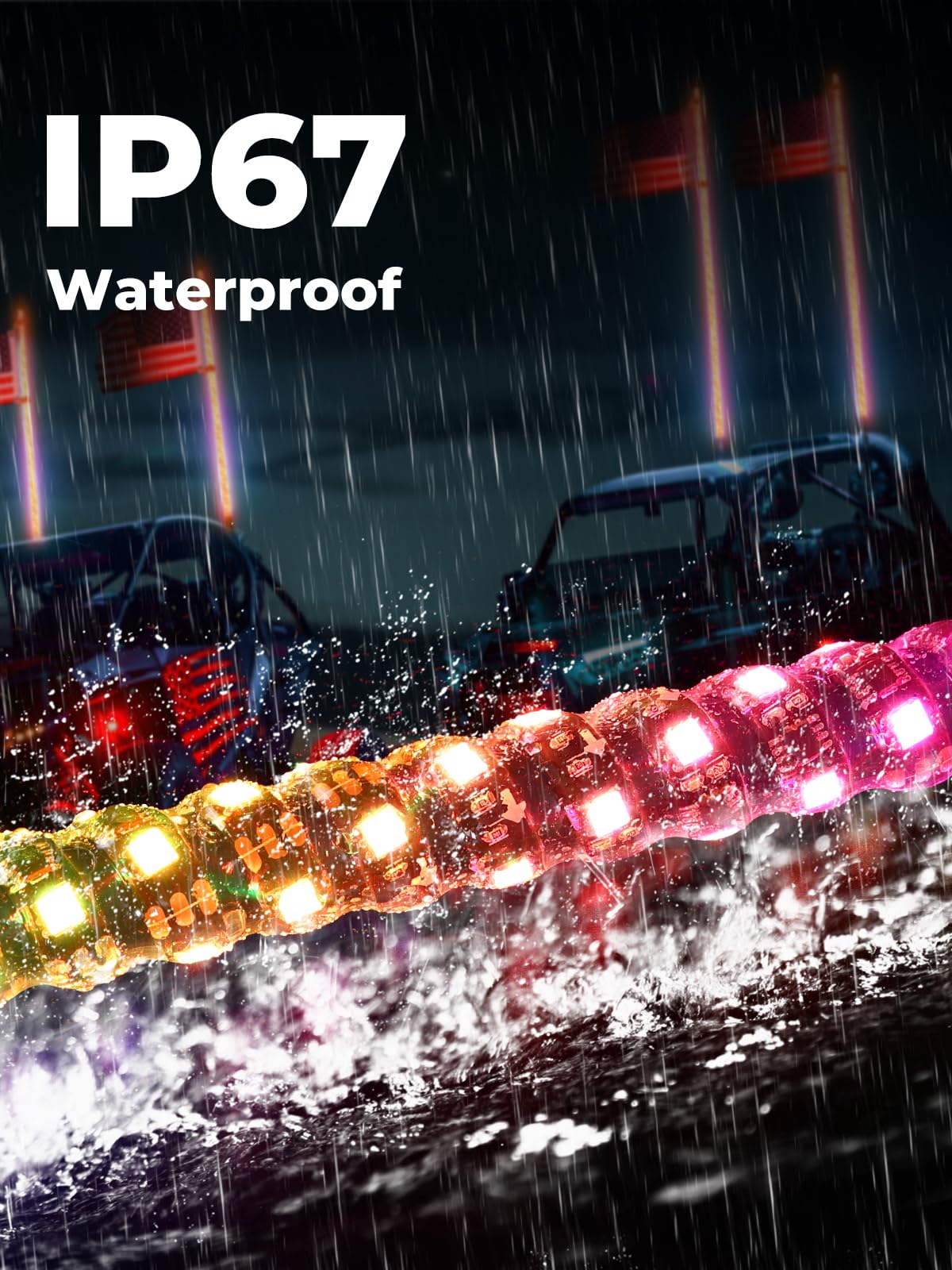 KEMIMOTO 2-Pack 2ft Spiral LED Whip Lights for UTV ATV - Smartphone Controlled Off-Road Light Bars for Polaris RZR, Can-Am Maverick X3, Sportsman - Perfect for Night Riding, Trail Adventures & Off-Road Racing