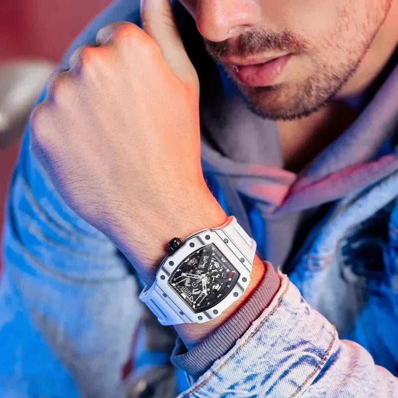 BONEST GATTI Carbon Fiber Automatic Mechanical Watch for Men - Luxury Skeleton Design, Sports Waterproof Wristwatch - Perfect for Business, Casual Wear & Outdoor Activities