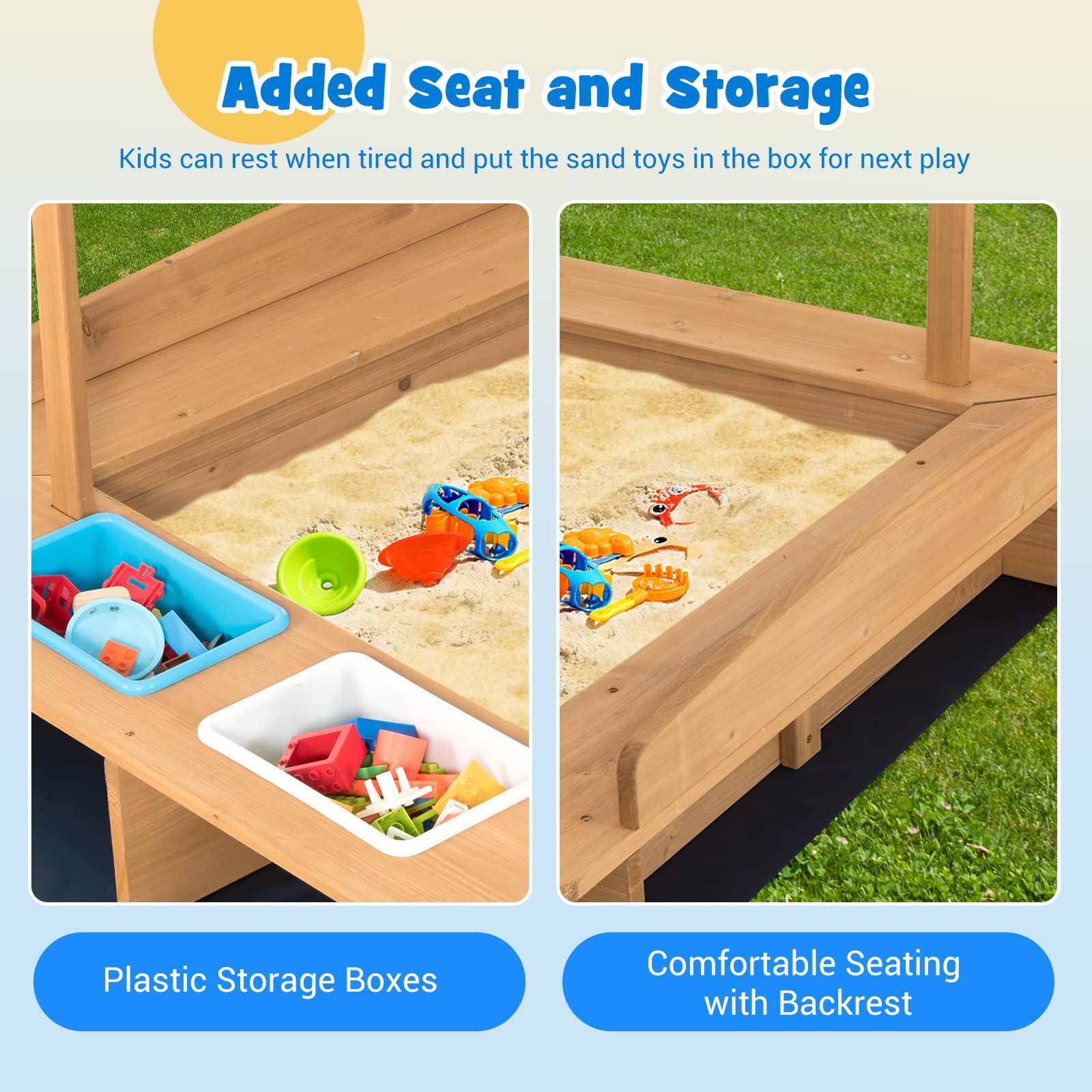 **HONEY JOY Kids Sandbox with Canopy - Outdoor Wooden Sand Pit with Liner, 2 Storage Bins & Built-in Benches - Square Backyard Sandbox for Toddlers & Children - Perfect for Playtime, Sensory Activities & Outdoor Fun**