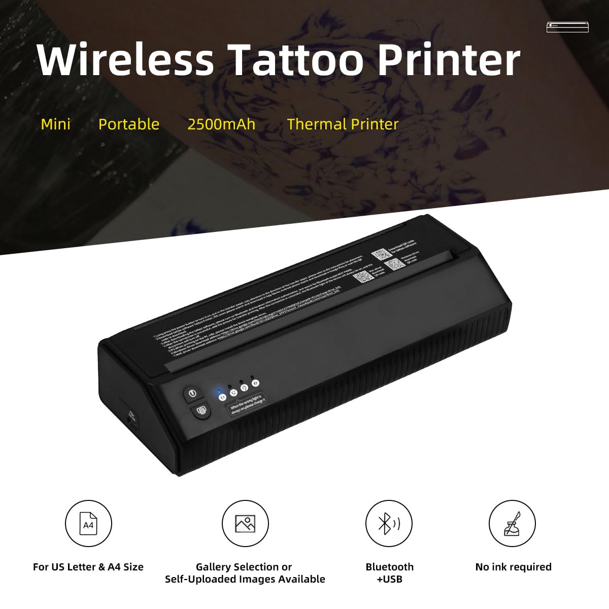 Professional Bluetooth Thermal Tattoo Stencil Printer with 2500mAh Battery - Wireless Tattoo Transfer Machine for Artists & Beginners - Perfect for Tattoo Studios, Home Practice & Professional Use