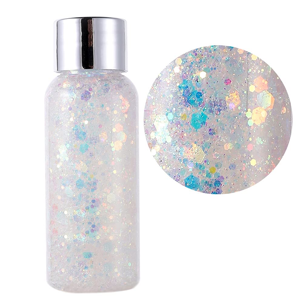 Facial & Body Shimmer Gel with Sequins - Sparkling Makeup for Festivals, Carnivals & Stage Performances | Hair & Skin Glitter (Color #9 White) - Perfect for Cosplay, Rave Parties & Nightclub Looks