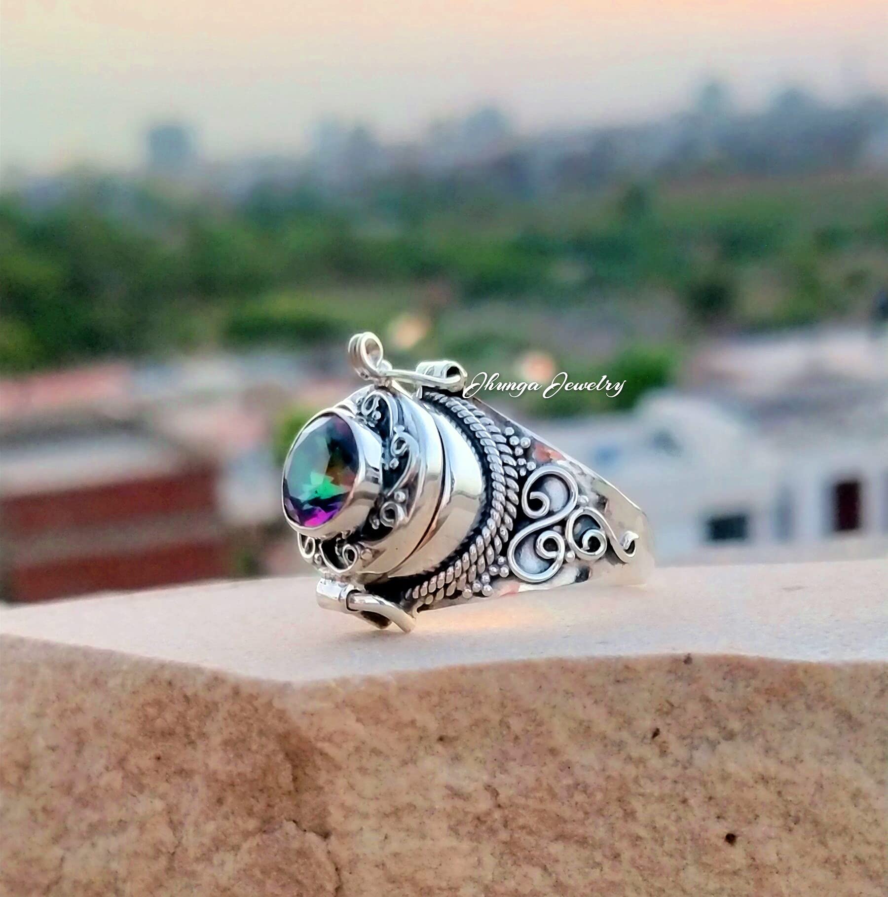 Handmade 925 Sterling Silver Mystic Topaz Poison Ring - Secret Box Ring with Openable Compartment, Rainbow Moonstone Jewelry for Gothic Fashion & Medieval Cosplay