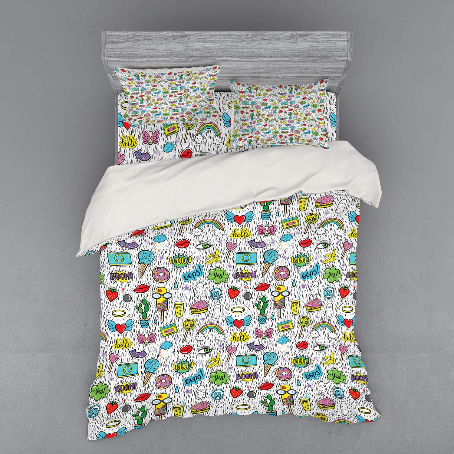 Ambesonne Emoticon Bedding Set 4-Piece - Pop Art Cartoon Duvet Cover with Shams & Fitted Sheet, Queen Size Colorful Design (Eyes, Ice Cream, Rainbow, Donut, Lips, Heart, Banana, Ghost) - Perfect for Teen Rooms, Dorm Decor & Fun Bedroom Makeovers