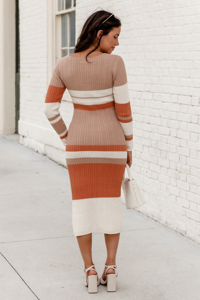 Let's Go Out Tan Stripe Sweater Dress for Women | Cozy Knit Pullover Tunic | Casual Fall Winter Outfit | Perfect for Date Night, Office Wear & Weekend Brunch