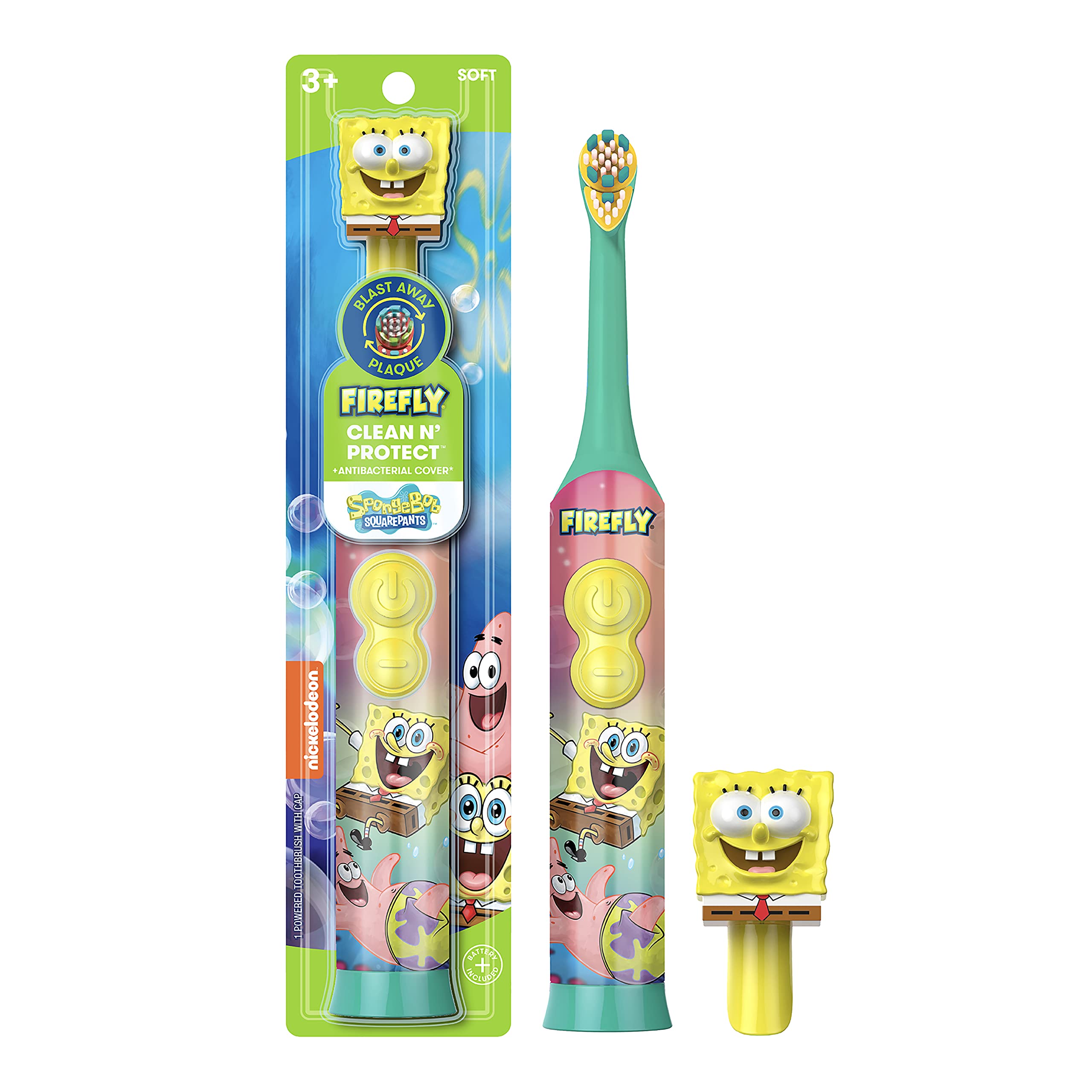 Spongebob Electric Toothbrush for Kids - Firefly Clean N' Protect Rechargeable Power Toothbrush with Timer (1 Pack) - Fun Dental Care Gift for Boys & Girls - Perfect for Morning & Nighttime Brushing Routine