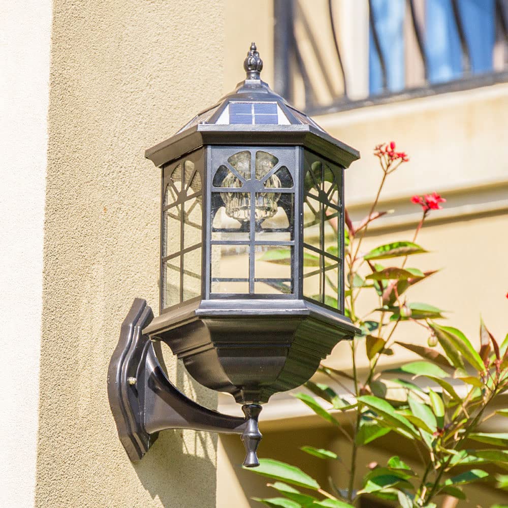 Solar Powered LED Outdoor Wall Lantern - Waterproof Matte Black Exterior Light Fixture with Clear Glass Shade - Rust-Resistant Wall Sconce for Porch, Patio, Garden & Pathway Lighting