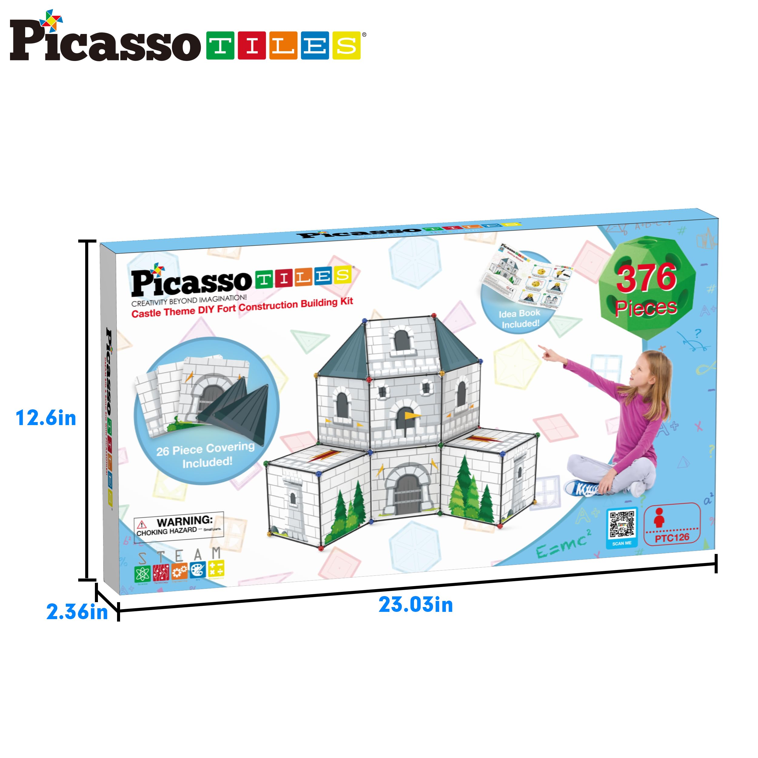 PicassoTiles 376-Piece STEM Fort Building Kit for Kids - Educational Construction Toy with Cloth Cover for DIY Castles, Tents & Playhouses - Indoor & Outdoor Learning Play for Boys & Girls Ages 5+ (PTC126) | Perfect for Backyard Adventures, Classroom STEM Activities & Creative Playdates