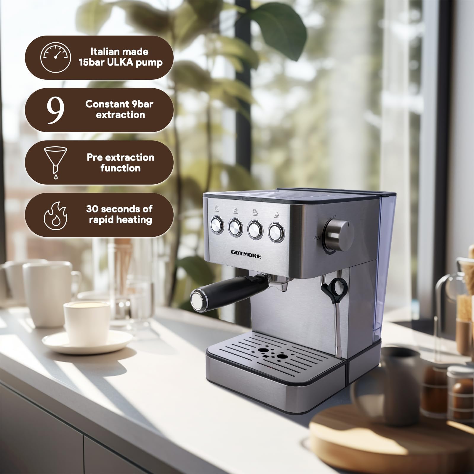 Professional Espresso Coffee Machine with Steam Milk Frother - Stainless Steel Home Espresso Maker for Cappuccino, Latte & Americano (60.8oz Removable Water Tank) | Perfect for Home Baristas & Coffee Lovers