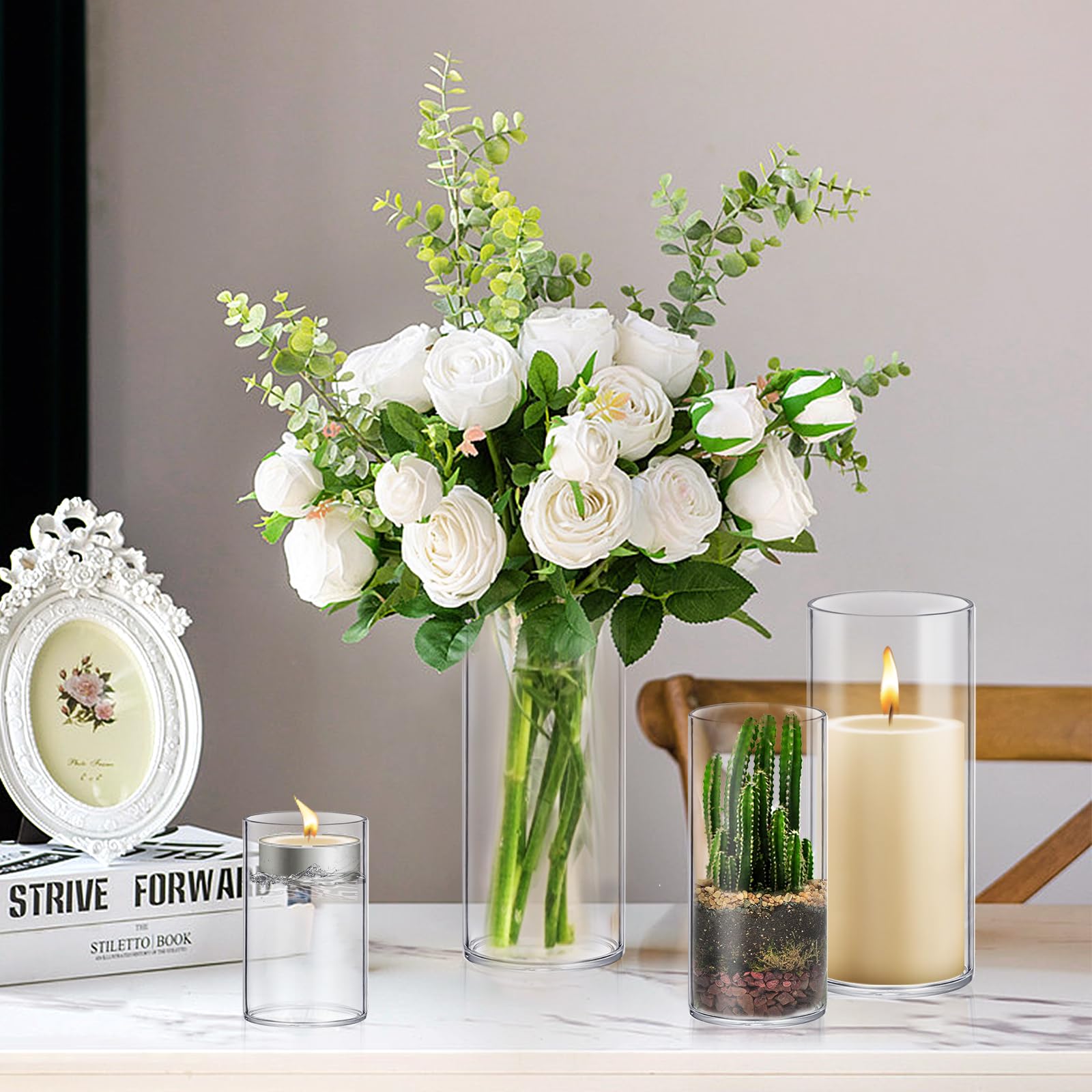 48 Pack Glass Cylinder Vases - 4,6,8,10 Inch Tall Clear Flower Vases with Hurricane Floating Candle Holders for Wedding Centerpieces, Home Decor, Party & Event Table Decorations - Perfect for Floral Arrangements, Candle Displays and Elegant Home Styling