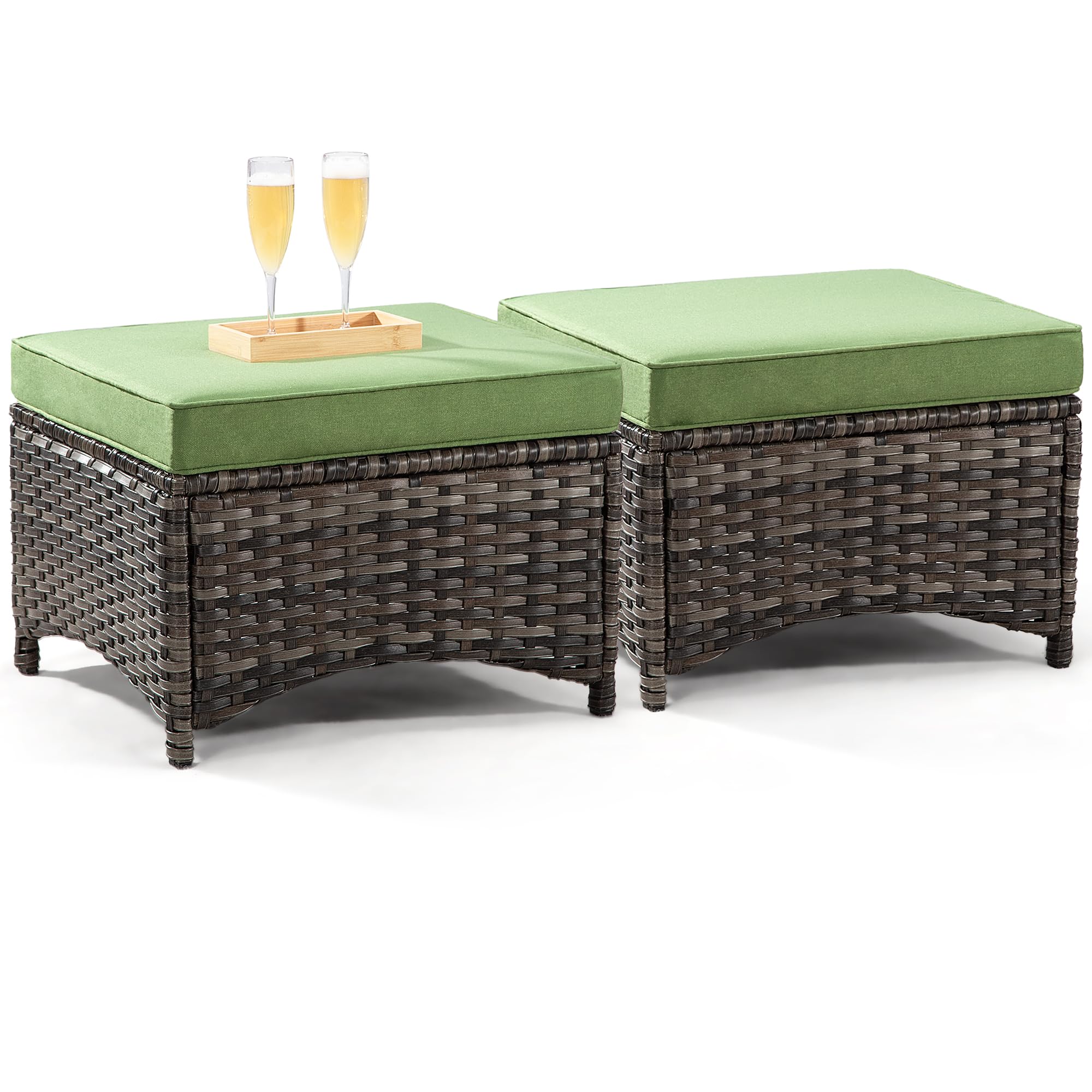 Joyside Outdoor Ottomans Set of 2 - PE Wicker Steel Frame Patio Footstools with Removable Olefin Cushions - Waterproof Garden Stools for Backyard, Deck, Poolside & Outdoor Living Spaces - Green