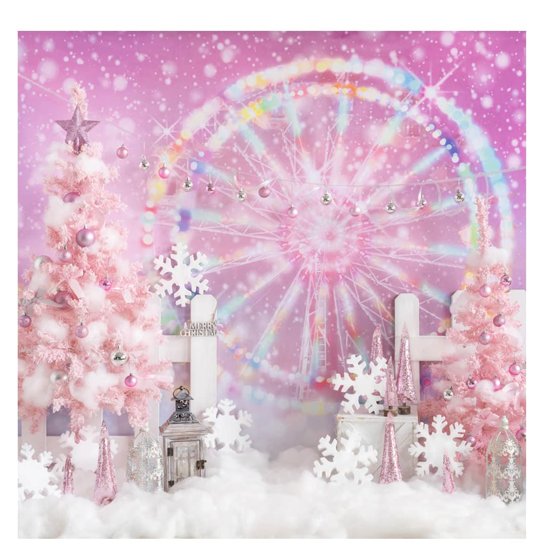 8x8ft Pink Merry Christmas Tree Snowflake Photography Backdrop - Dreamlike Ferris Wheel Holiday Background for Kids Christmas Photo Shoots, Studio Decor, Party & Seasonal Celebrations
