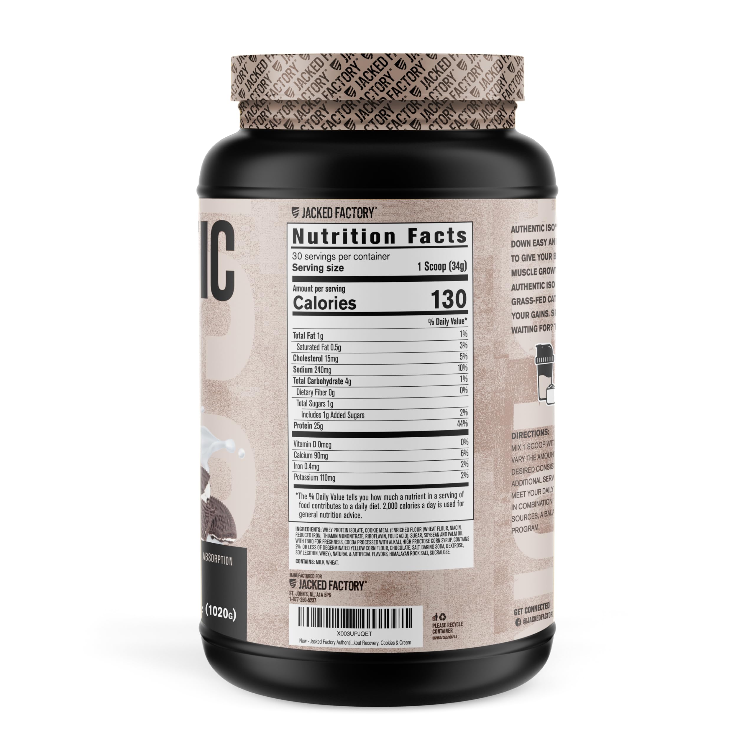 Jacked Factory Grass Fed Whey Protein Isolate Powder - Low Carb, Non-GMO, No Fillers for Muscle Building & Post Workout Recovery | Cookies & Cream Flavor | Ideal for Gym Enthusiasts & Athletes