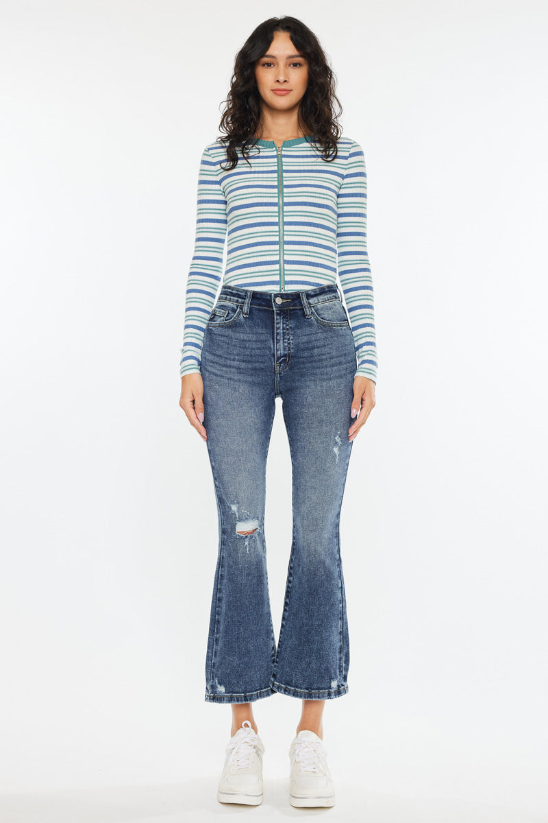 Miley Essentials High Rise Cropped Flare Jeans for Women - Vintage 70s Inspired Denim Pants with Stretch Comfort - Perfect for Casual Outfits, Date Nights & Music Festivals
