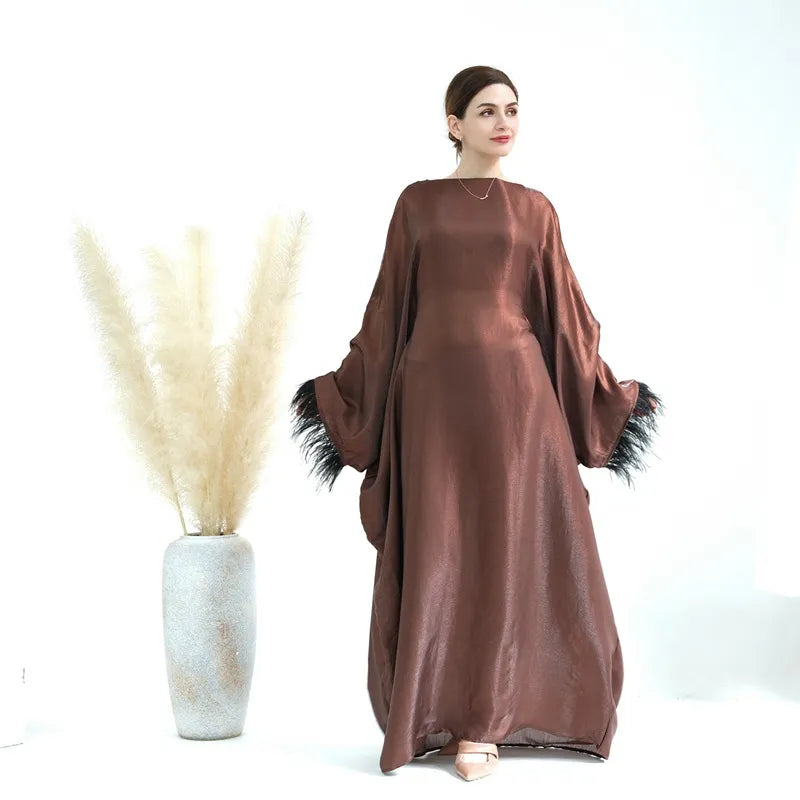Elegant Muslim Women's Feather Sleeve Abaya Dress - Soft Nylon Cotton Blend - Perfect for Prayer, Eid Celebrations & Modest Fashion