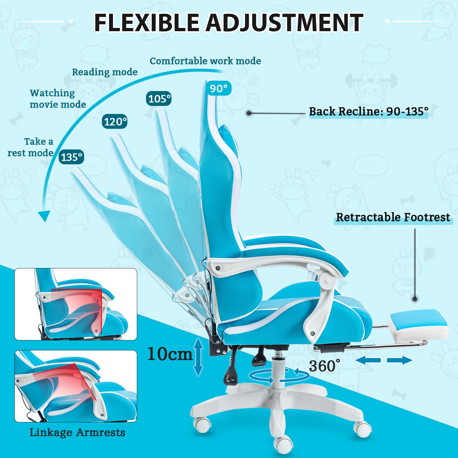 Ergonomic Gaming Chair with LED RGB Lights, Massage & Adjustable Lumbar Support - High Back Computer Chair with Footrest & Linkage Armrest - Light Blue & White for Esports, Streaming & Home Office Use