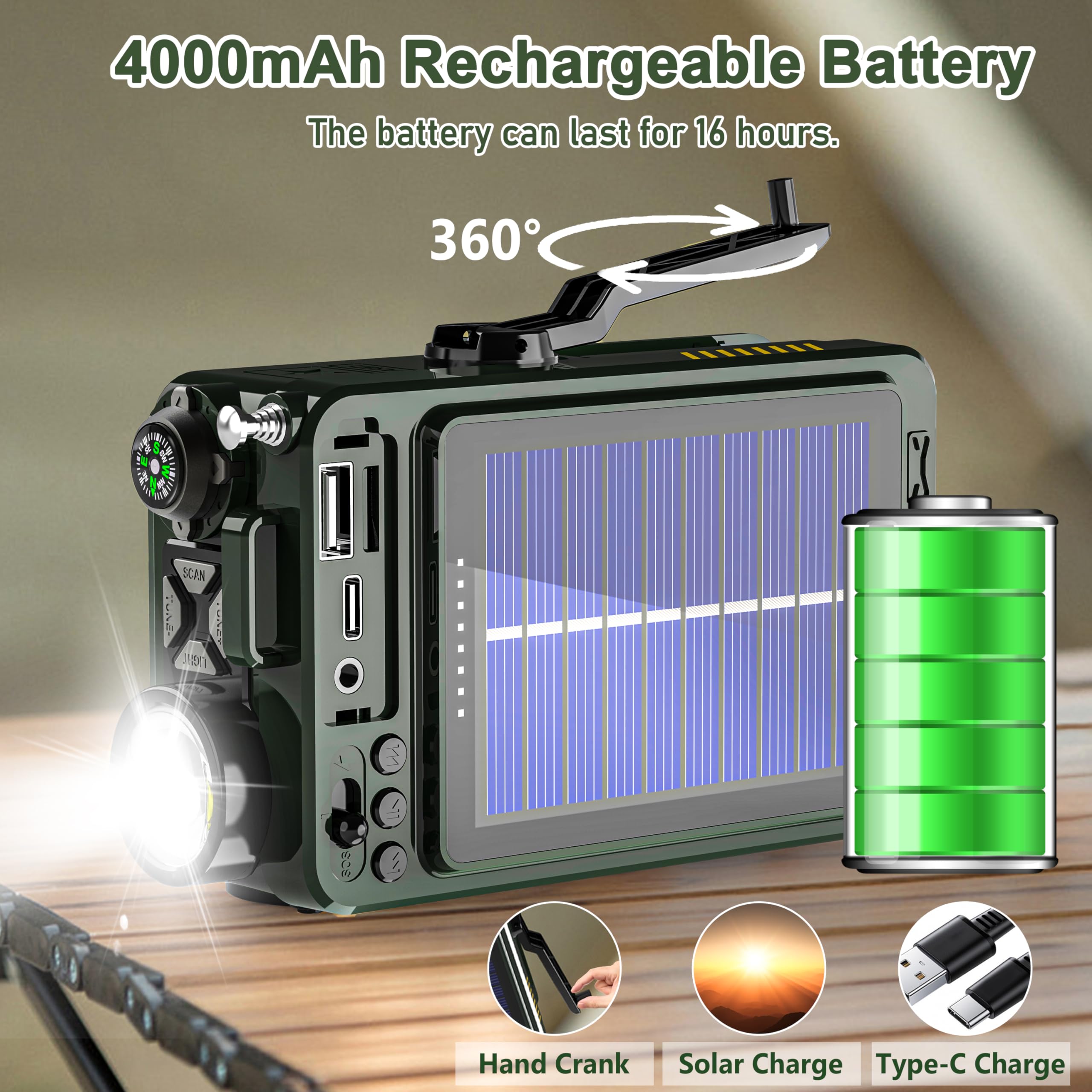 Greadio Portable DAB/DAB+/FM Solar Radio with Bluetooth 5.3 - Emergency Hand Crank Wind Up Radio with Flashlight, 4000mAh Battery, SOS, USB, SD Card & Headphone Jack - Perfect for Camping, Hiking and Power Outages