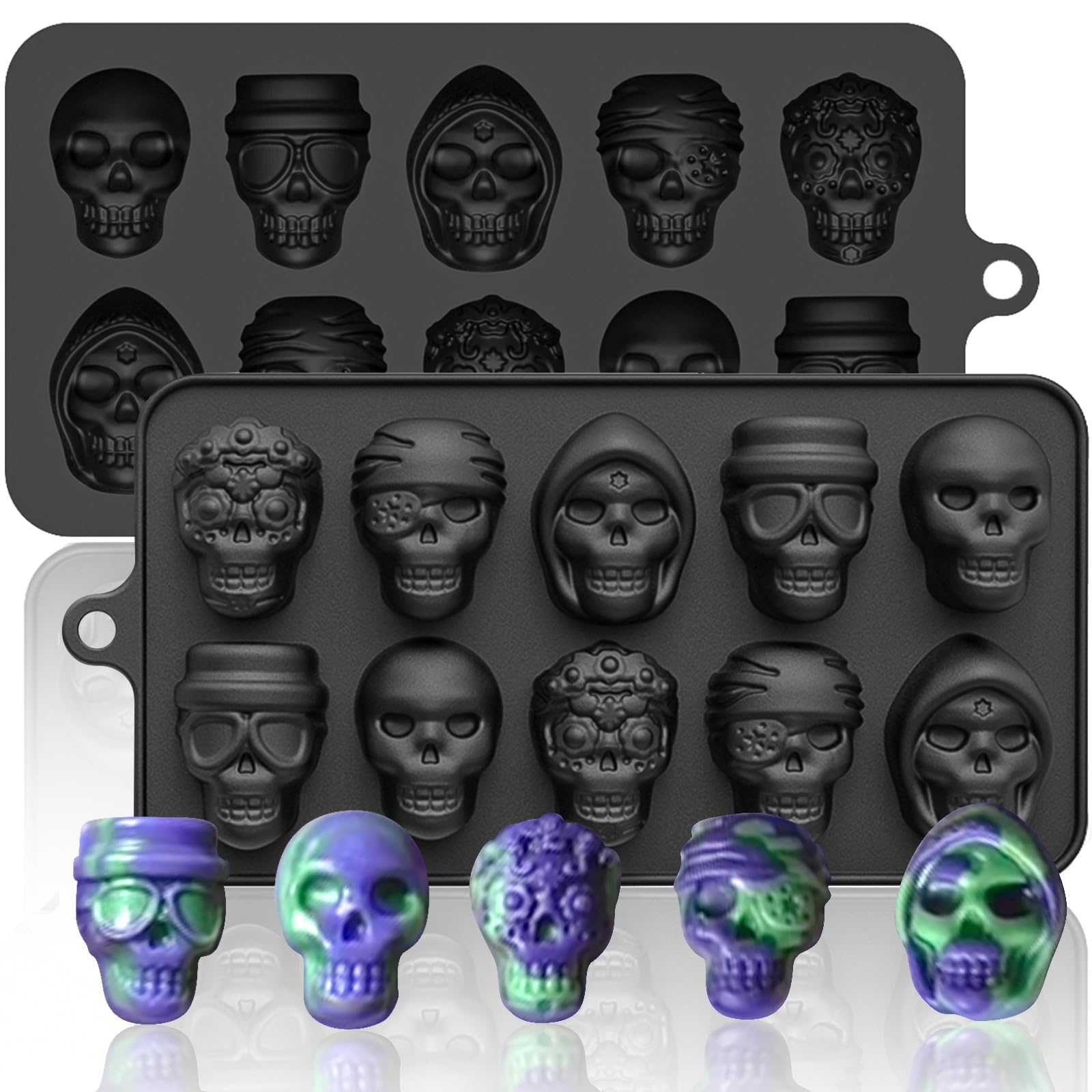 Halloween Skull Silicone Molds 2-Pack - 10 Cavity 3D Chocolate Candy Molds, Wax Melts & Yogurt Trays - 5 Unique Skull Shapes - Food Grade, Oven & Freezer Safe - Perfect for DIY Treats, Halloween Parties & Homemade Candies (Great for Kids Baking & Spooky Dessert Decorations)