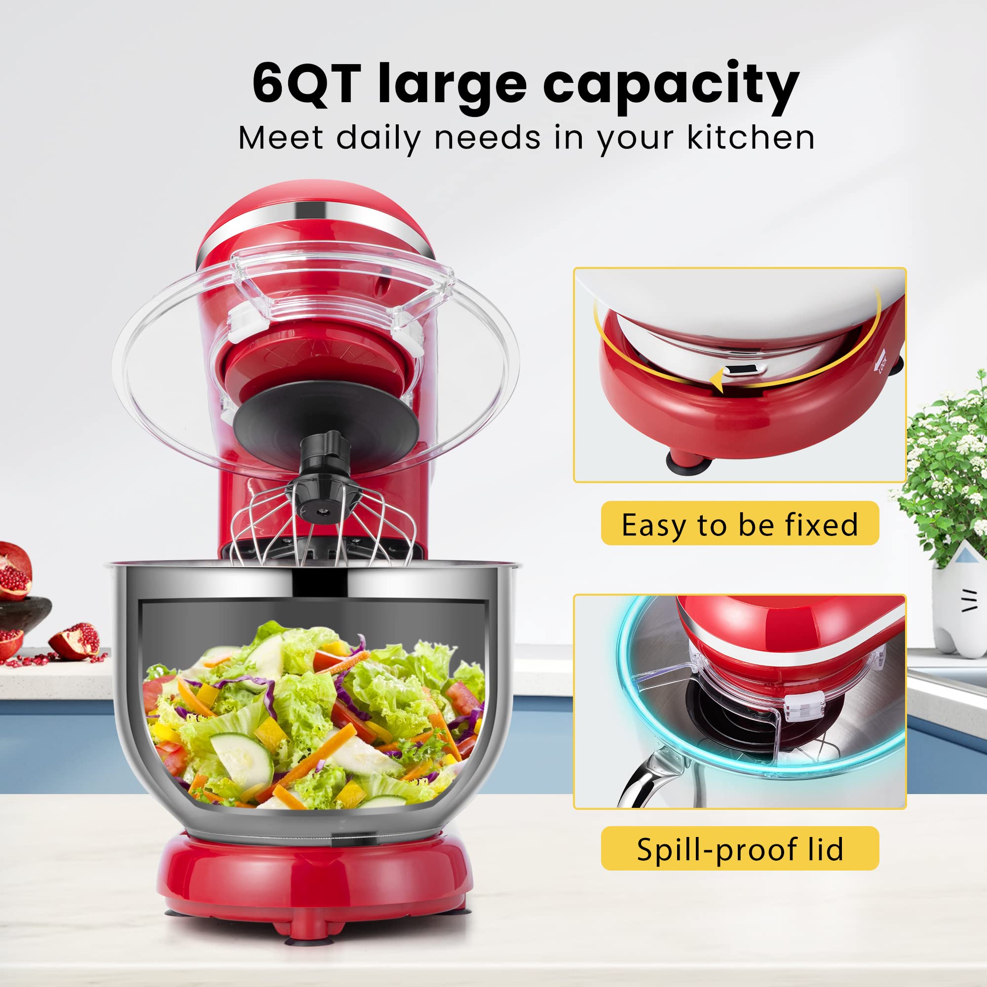 VIVOHOME 660W 10-Speed 6 Quart Tilt-Head Stand Mixer - Electric Kitchen Food Mixer with Beater, Dough Hook, Wire Whip & Egg Separator (Red) - Perfect for Baking Cakes, Cookies, Bread & More