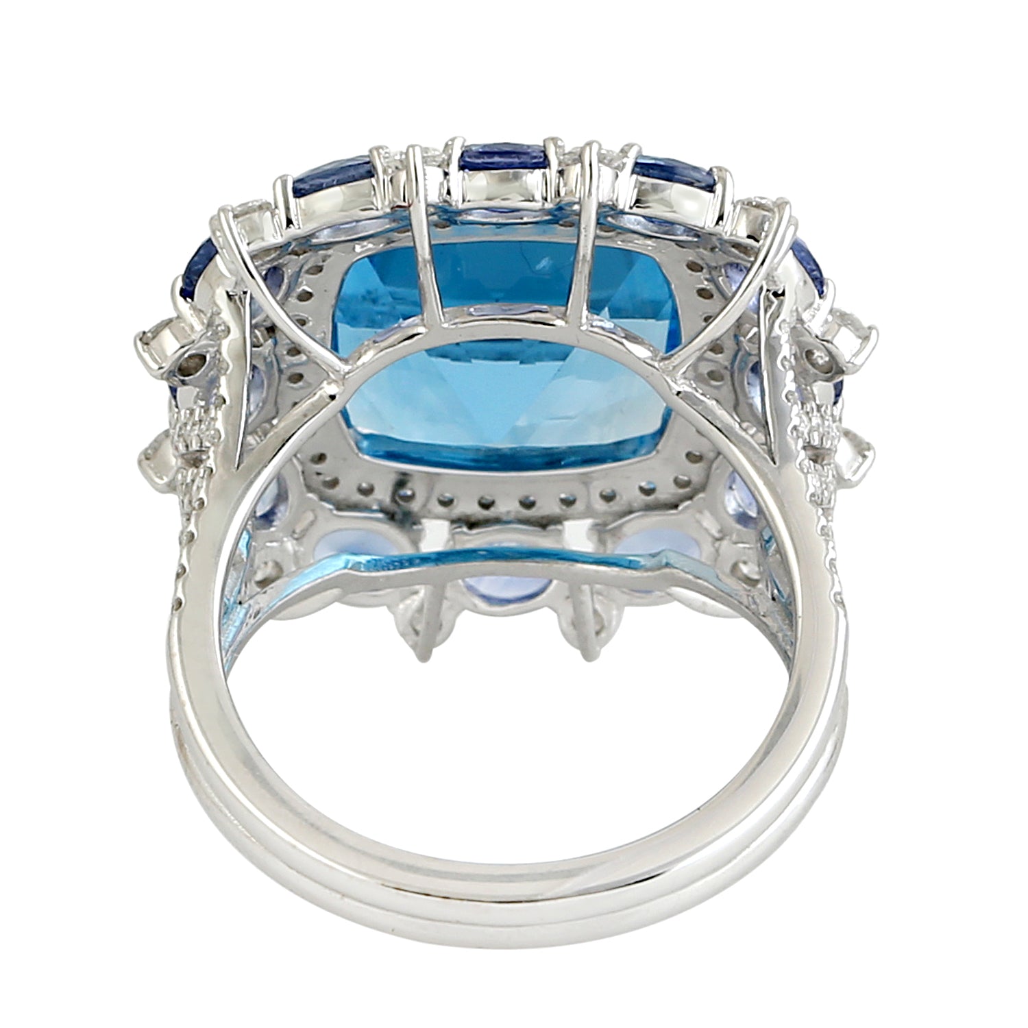 Exquisite Cushion Cut Blue Topaz & Oval Blue Sapphire Pave Diamond Cocktail Ring in 14K White Gold – Perfect for Evening Parties, Weddings & Special Occasions