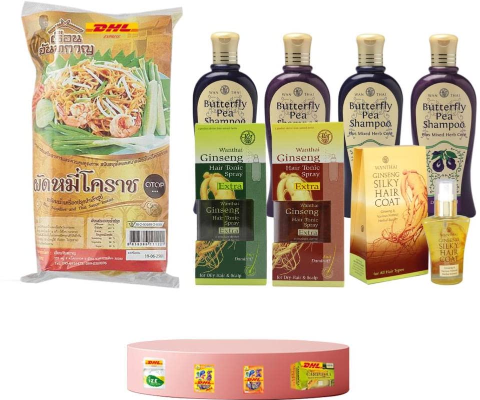 Premium Thai Mee Korat OTOP Ruan Chantarakantra Noodles with Butterfly Pea Ginseng Shampoo & Serum Set - Fast DHL Express Shipping | Hair Care & Nourishment for Dry/Damaged Hair | Perfect Gift Set for Women & Men
