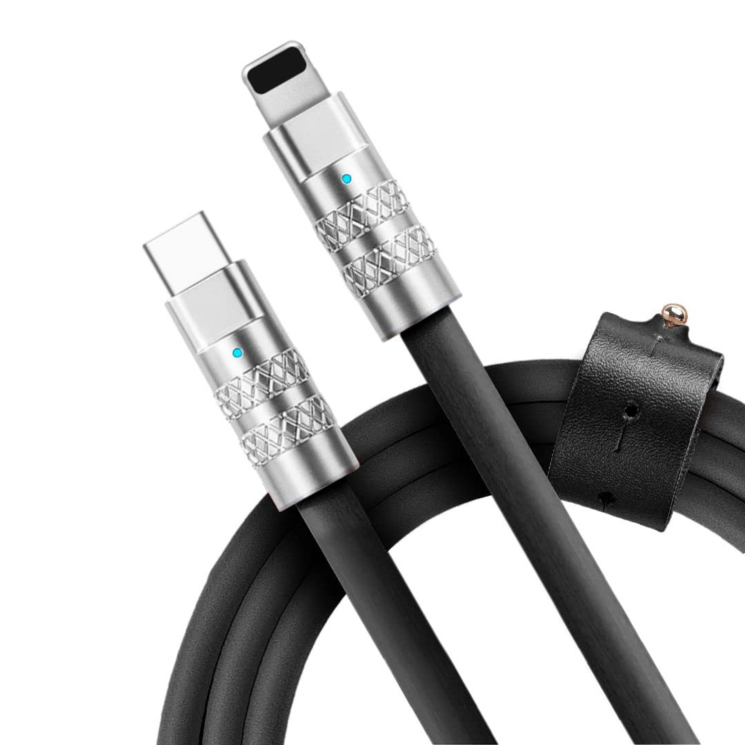 Premium Statik TsumoCharge USB C to Lightning Cable - 27W Fast Charging & Data Sync, Heavy-Duty Unbreakable Silicone, Tangle-Free with Cord Organizer (6FT/2M, Black) - Perfect for iPhone, iPad, Travel & Home Charging