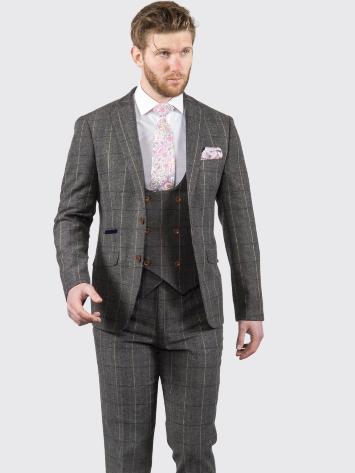 Ezra Men's Grey Herringbone Slim Fit 3 Piece Tweed Suit | Formal Business Attire for Weddings, Office & Special Occasions
