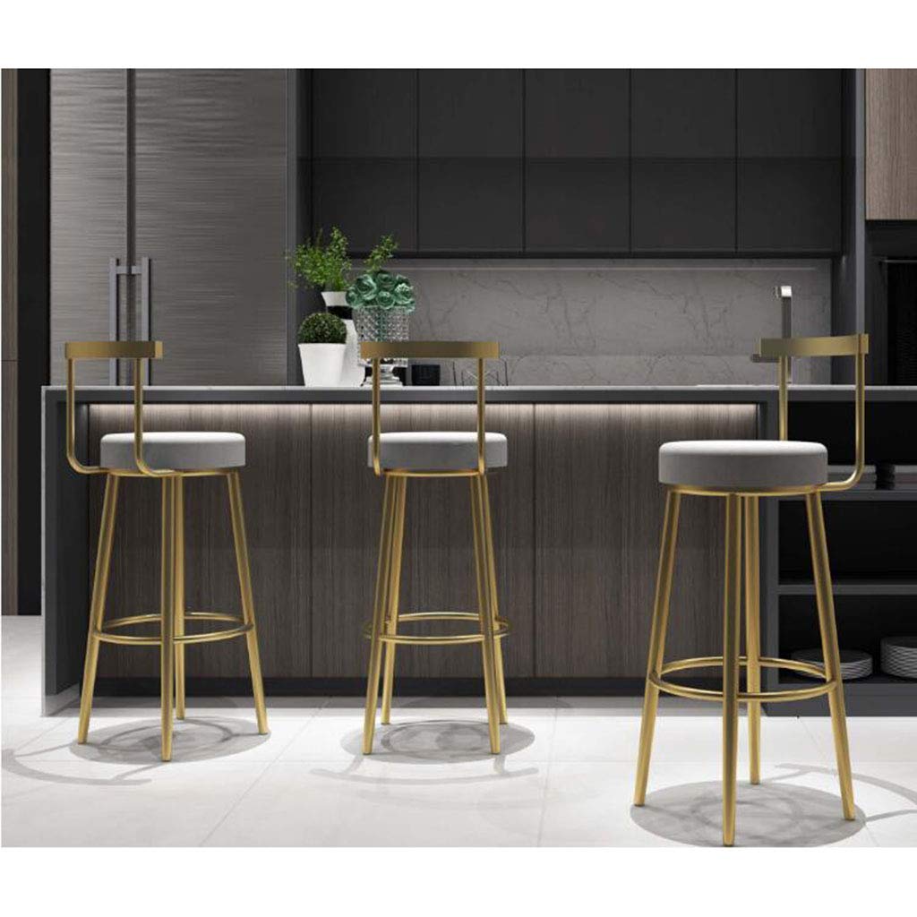 Grey Velvet Upholstered Bar Stools - Armless Kitchen Counter Stools with Back Support, 25.6 Inch Extra Height Round Island Stool with Gold Metal Legs for Modern Dining & Kitchen Decor