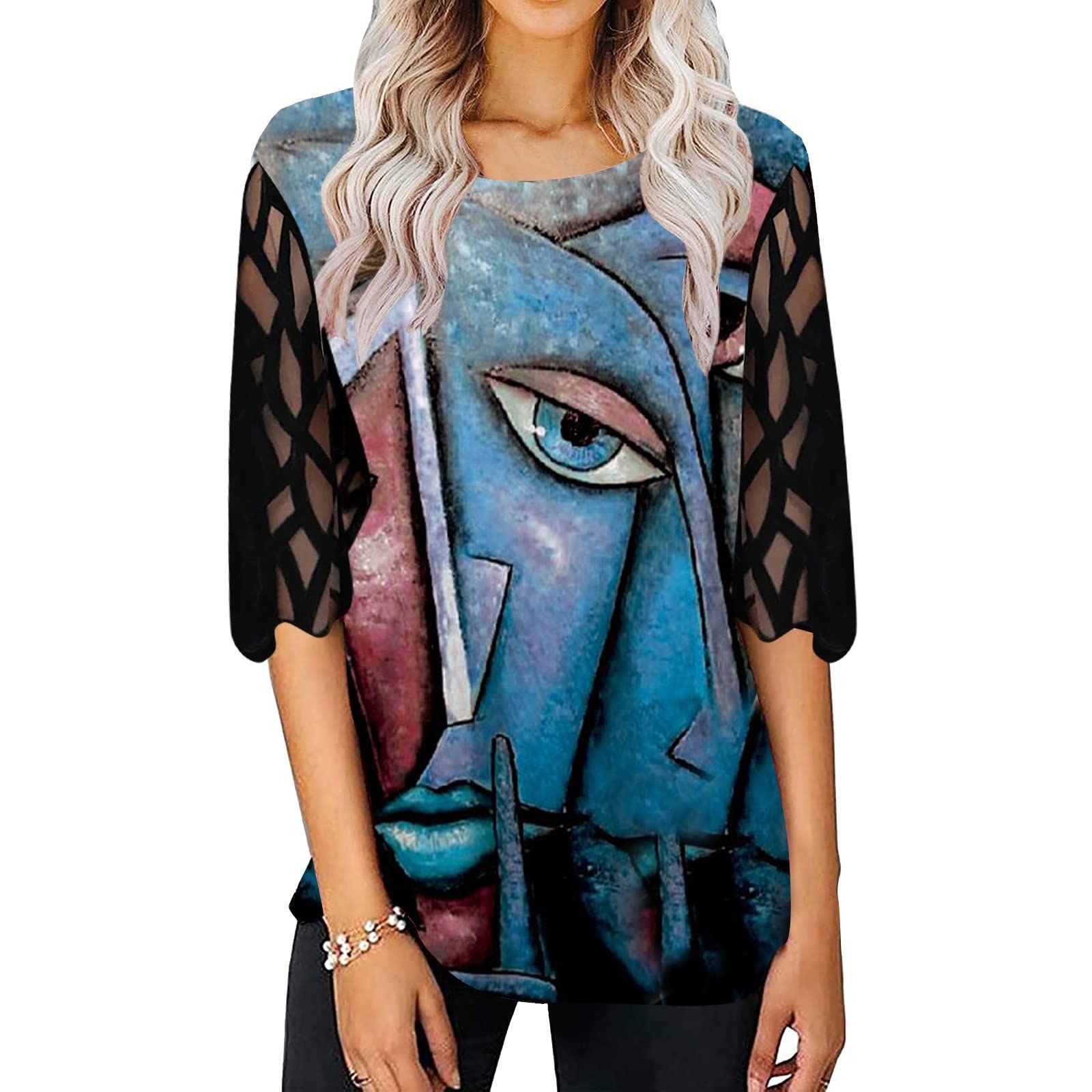 HEXILIN Women's Fashion Round Neck Contrast Color Stitching Long Sleeve Waffle T-Shirt - Casual Loose Fit Sweatshirt for Everyday Wear, Work & Weekend Outfits