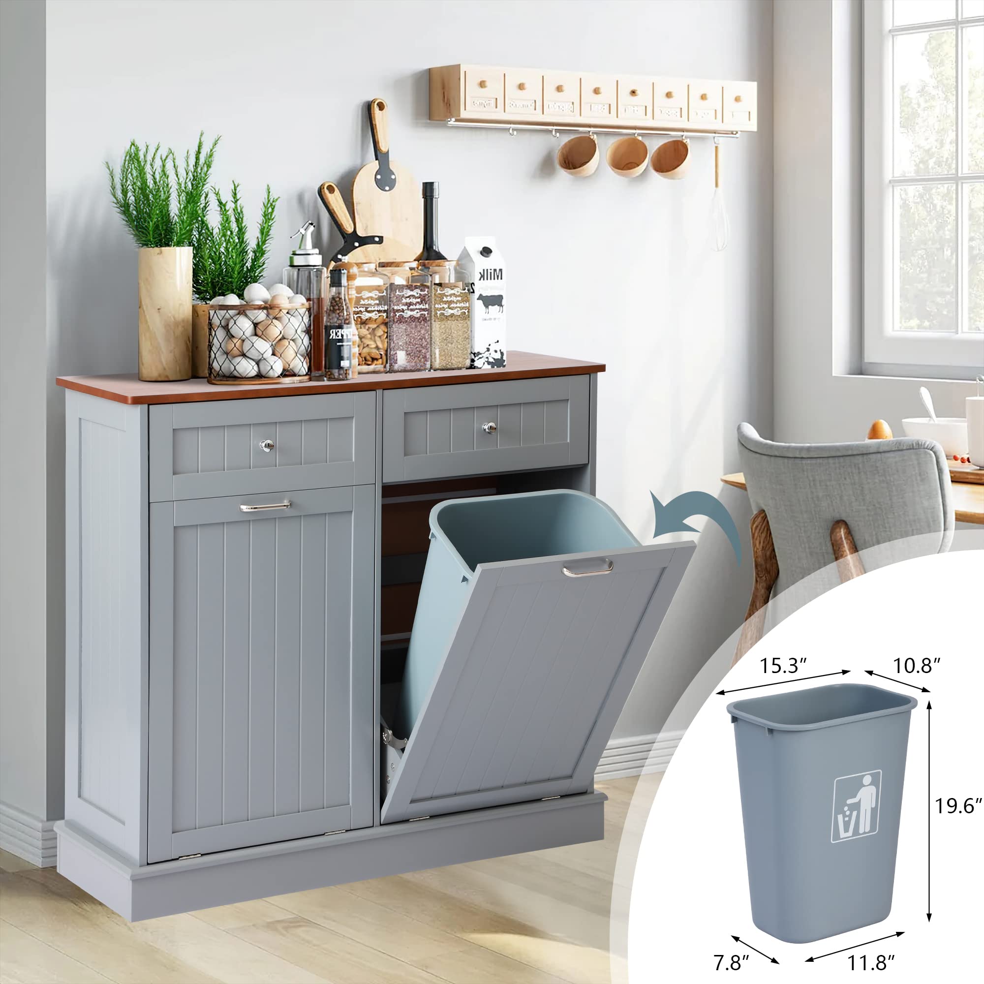 KIGOTY Double Tilt Out Trash Cabinet - Pet Proof Kitchen Trash Can with Countertop & Storage Drawer - Wooden Laundry Hamper Organizer for Kitchen, Bathroom, Laundry Room - Grey (Perfect for Small Spaces & Pet Owners)