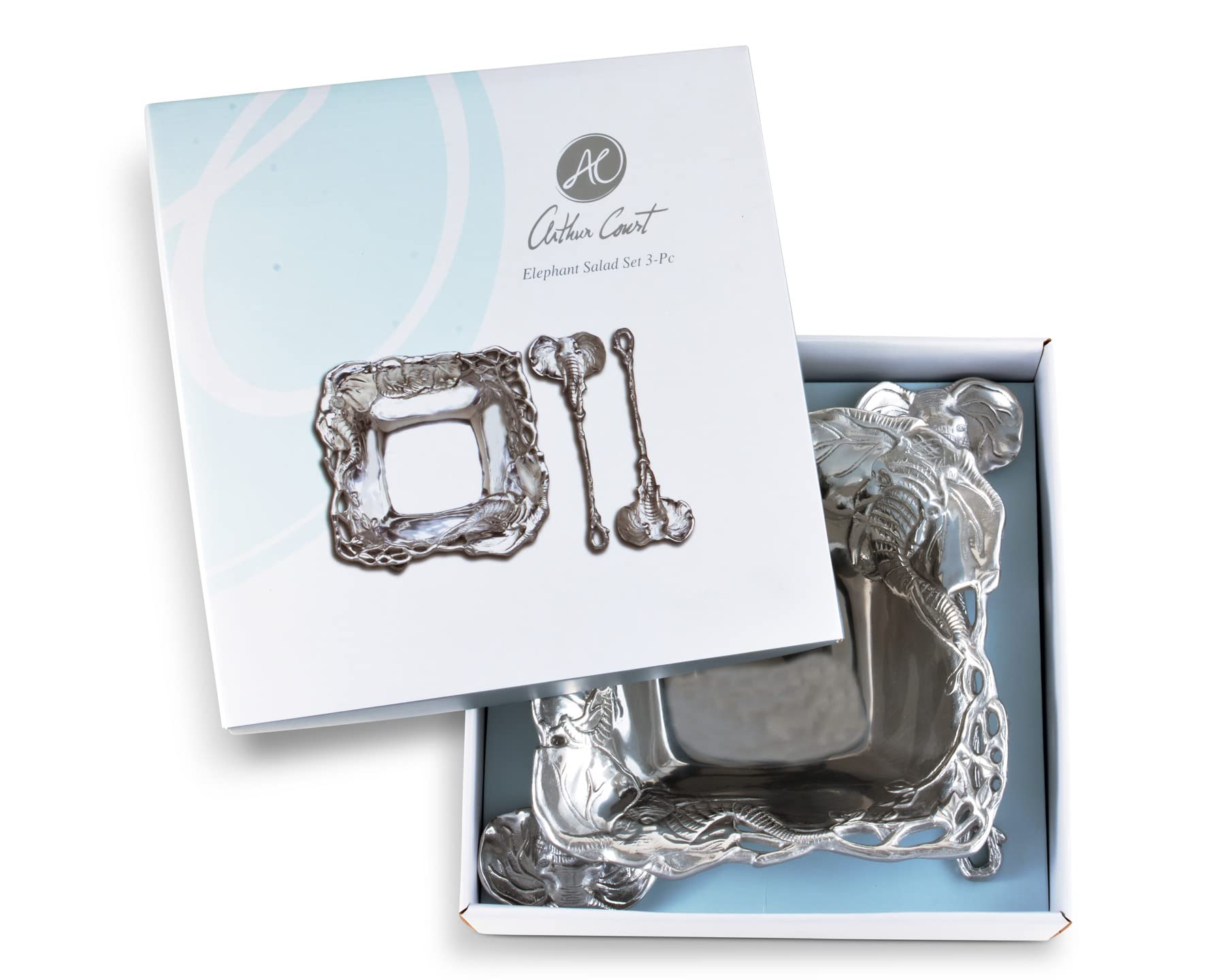 Arthur Court Designs 3-Piece Aluminum Elephant Salad & Fruit Serving Set - 9.75 Inch Bowl with Servers - Perfect for Parties, Picnics & Elegant Dining Decor