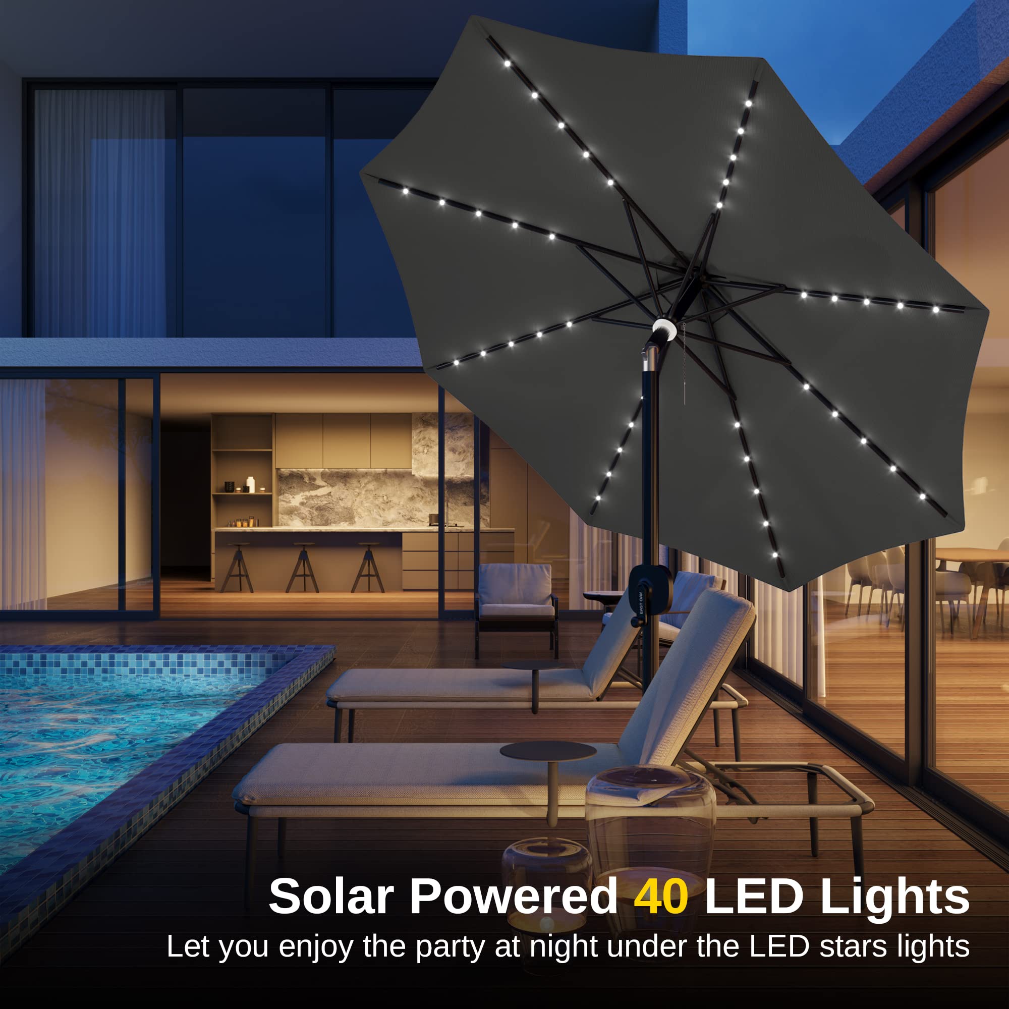 EAST OAK 9 ft Outdoor Patio Umbrella with 40 LED Solar Lights | 8 Ribs & 1.9