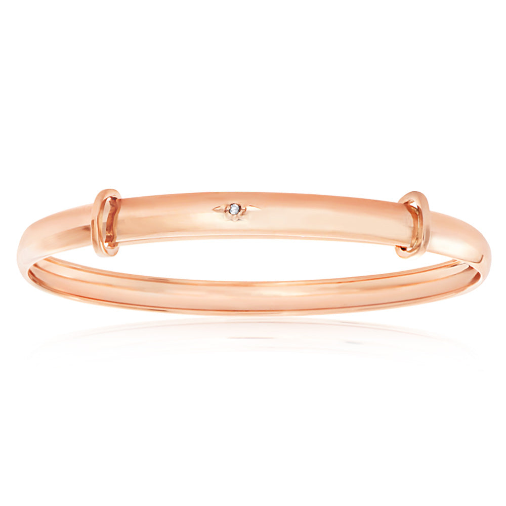 9ct Rose Gold Diamond Expandable Baby Bangle - Adjustable Infant Bracelet for Newborns, Christening, Baptism & First Birthday Gifts