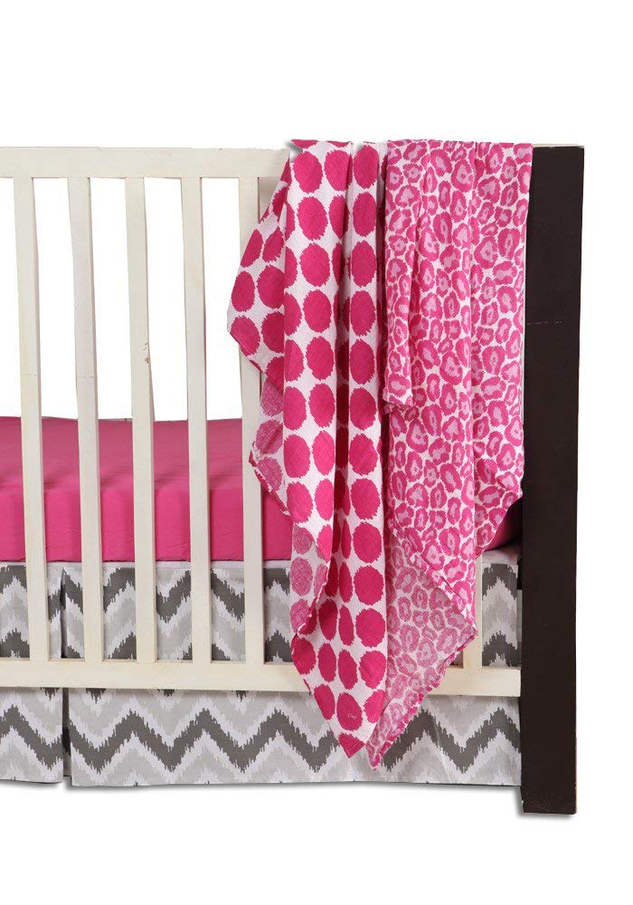 Bacati Ikat Pink and Grey 4-Piece Crib Bedding Set with 2 Muslin Blankets, Crib Skirt & Fitted Sheet - Soft Nursery Essentials for Baby Girls & Boys | Perfect for Newborns, Infant Cribs & Nursery Decor