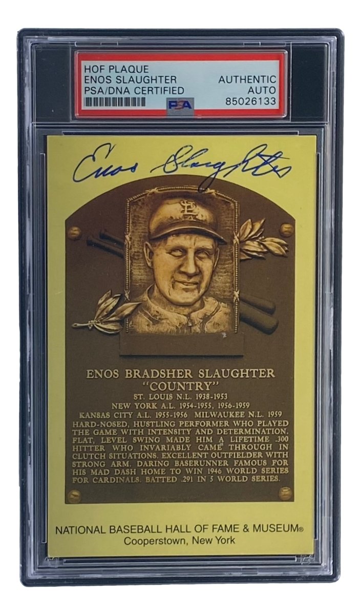 Authentic Enos Slaughter Signed 4x6 St. Louis Cardinals HOF Plaque Card - PSA/DNA Certified #85026133 - Perfect for Baseball Memorabilia Collections & Sports Fan Gifts