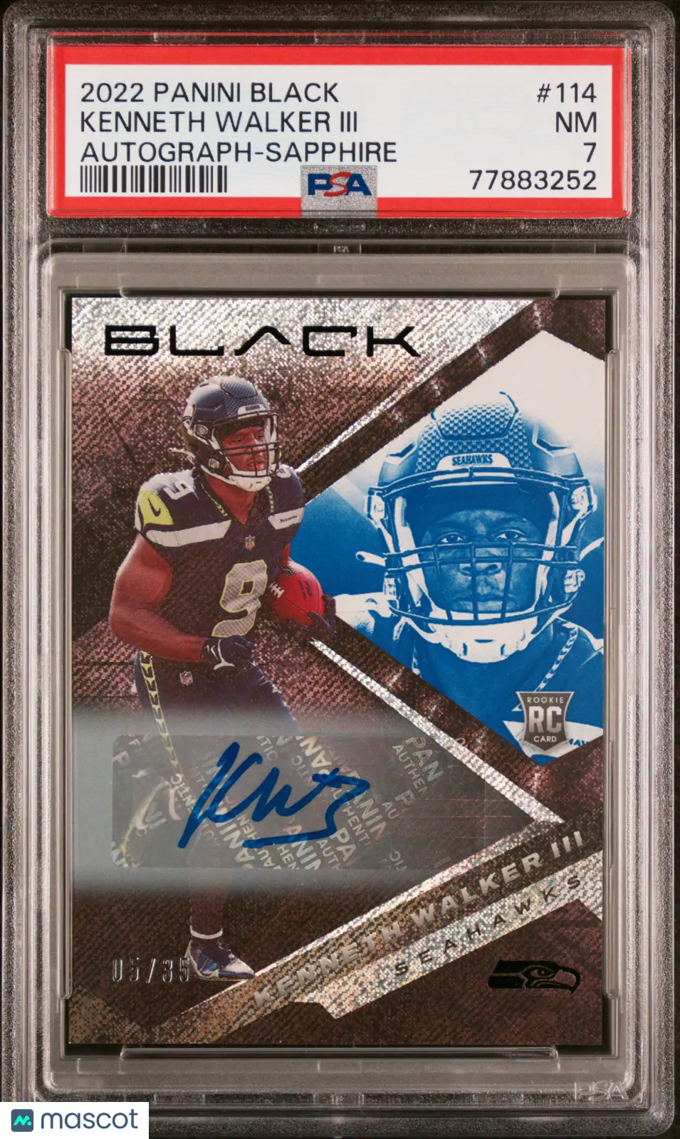2022 Panini Black Football Kenneth Walker III Rookie Sapphire Auto PSA 7 /35 - Rare Collectible for NFL Fans & Sports Memorabilia Enthusiasts - Perfect for Display, Investment, and Gifting