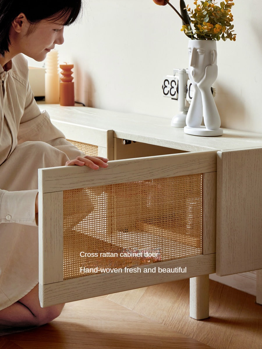 Solid Oak Wood Rattan TV Stand with Suspended Design - Stylish Media Console for Living Room, Bedroom & Home Theater