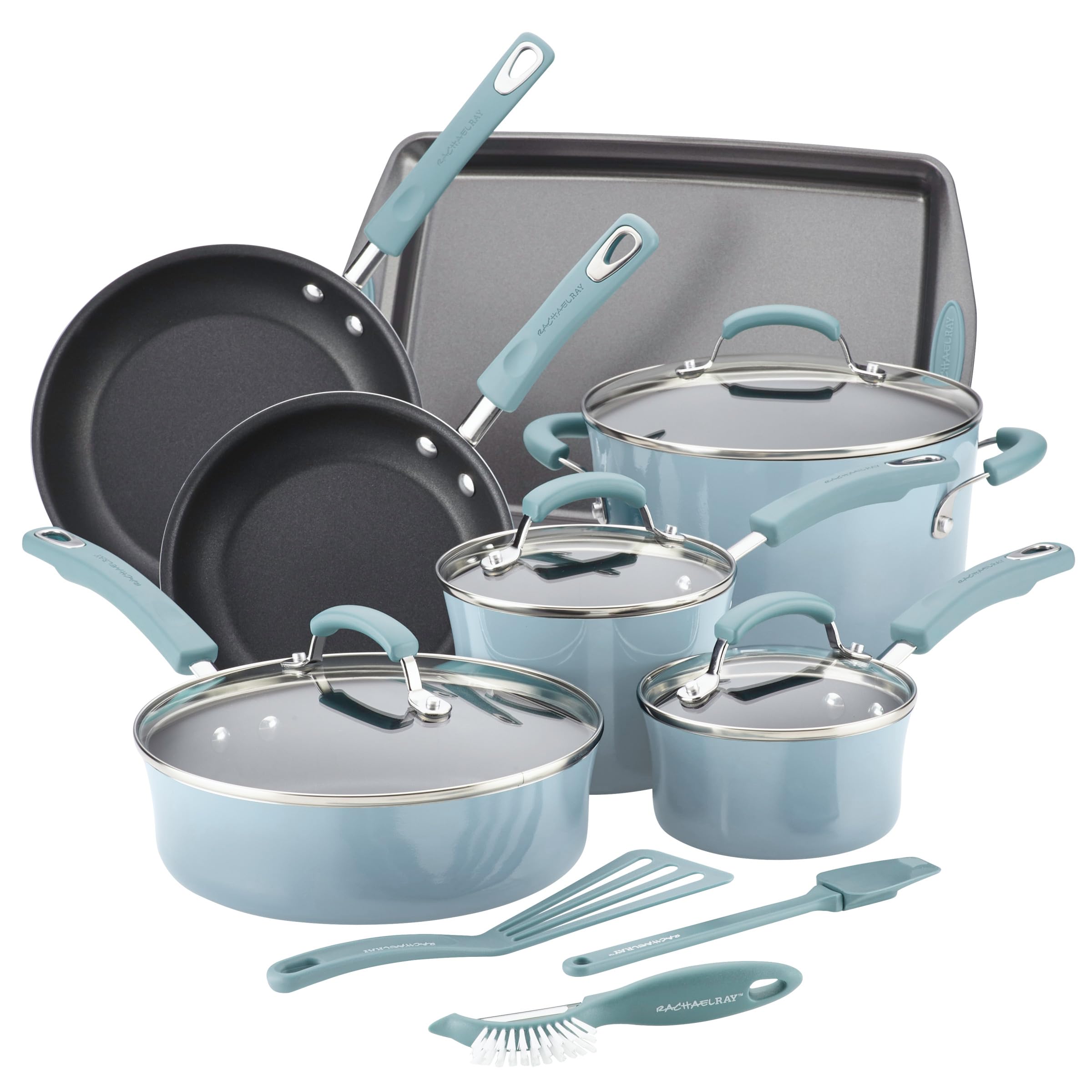 Rachael Ray Brights Nonstick 14-Piece Cookware Set with Crispy Sheet Baking Pan & Kitchen Tools - Sky Blue | Durable Pots & Pans for Baking, Roasting & Everyday Cooking