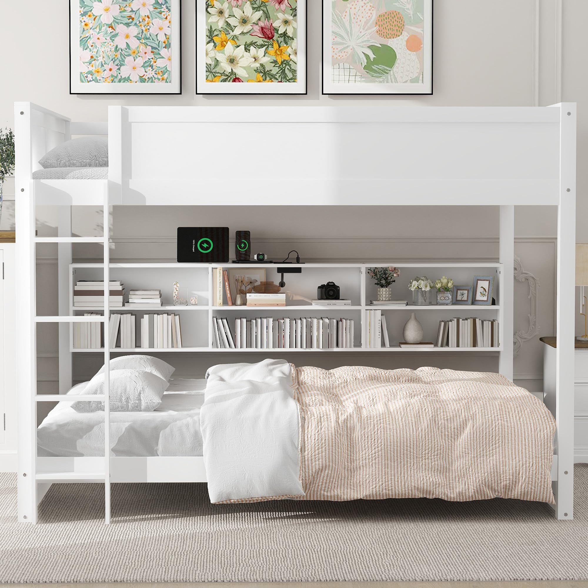 Merax Queen Over Queen Bunk Bed with Storage Shelves & USB Ports - Solid Wood Space-Saving Bunk Bed for Adults & Kids - Perfect for Small Bedrooms, Guest Rooms & Vacation Homes