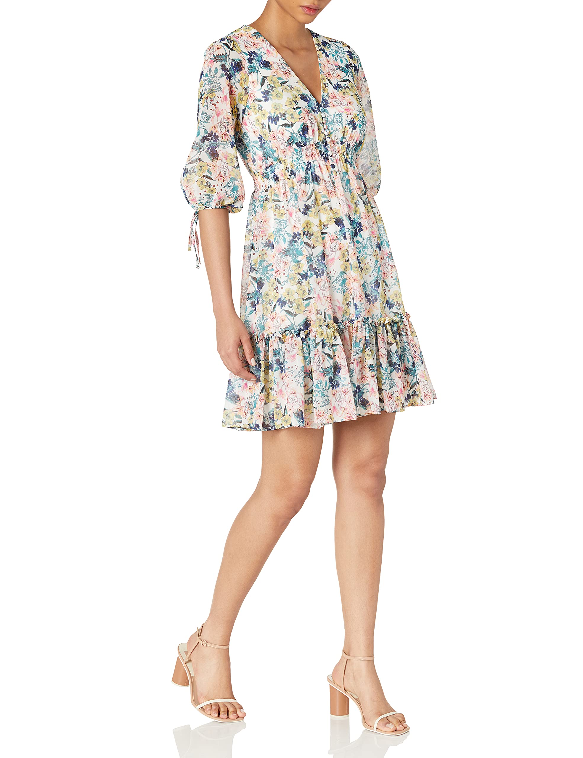 Taylor Women's Floral Chiffon Dress with 3/4 Sleeves, V-Neck, Ties & Smocked Waist - Elegant Ruffled Short Skirt for Casual Wear, Date Night & Summer Outings