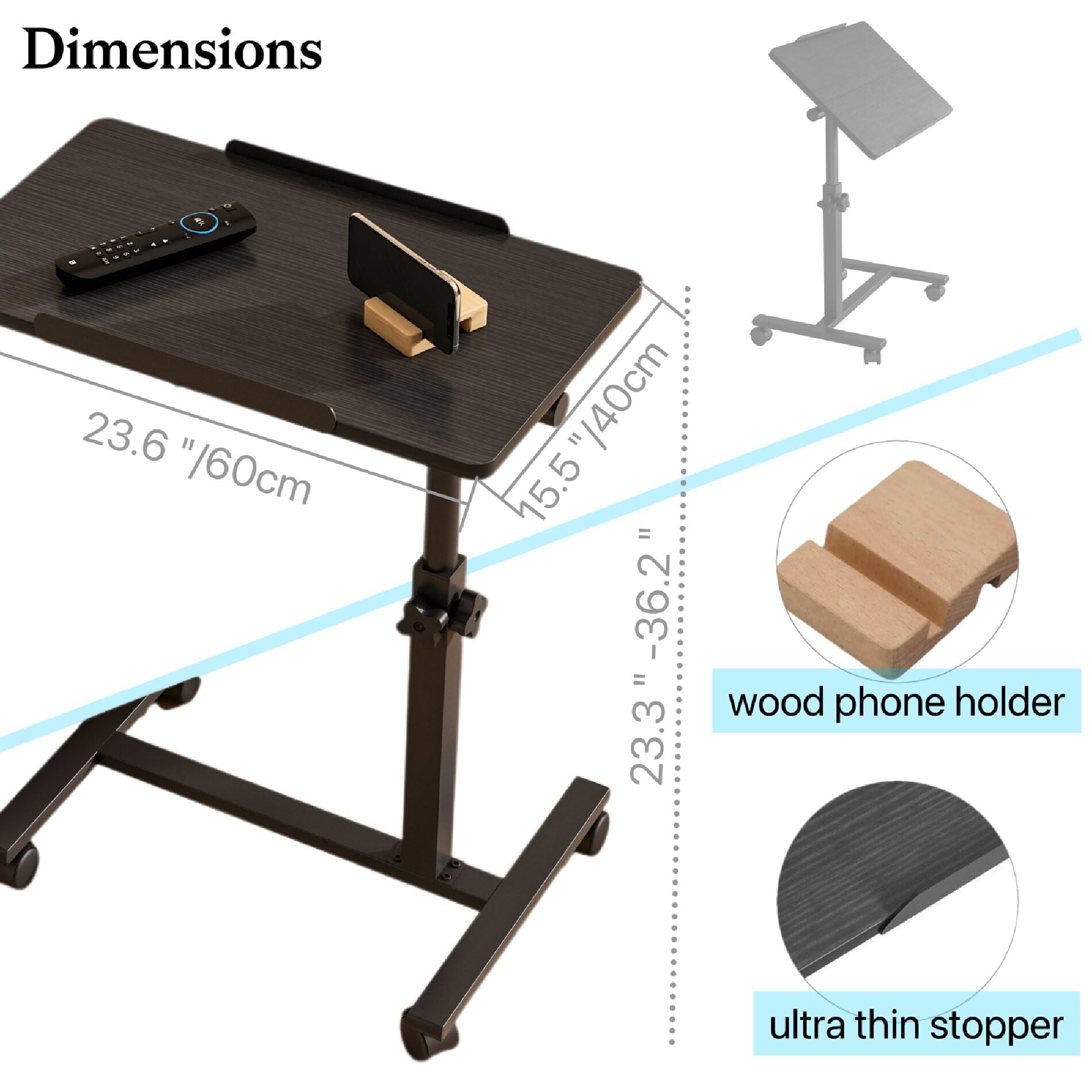 Adjustable Height Over Bed Table with Wheels - Portable Rolling Laptop Desk for Bedroom, Hospital & Home Office - Sturdy Bedside Tray Table Perfect for Working, Eating & Reading in Bed (Black)