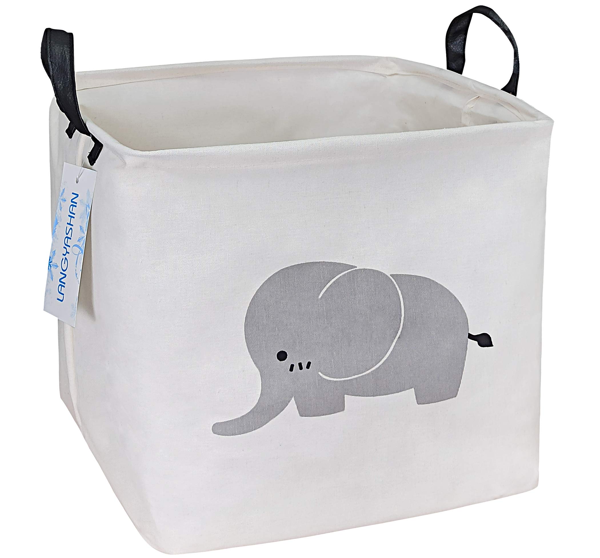 LANGYASHAN Square Storage Baskets - Waterproof Canvas Laundry Hamper for Kids, Nursery Toy Organizer, Shelves Decor Gift Basket (Elephant Design) - Perfect for Baby Room, Playroom & Closet Organization