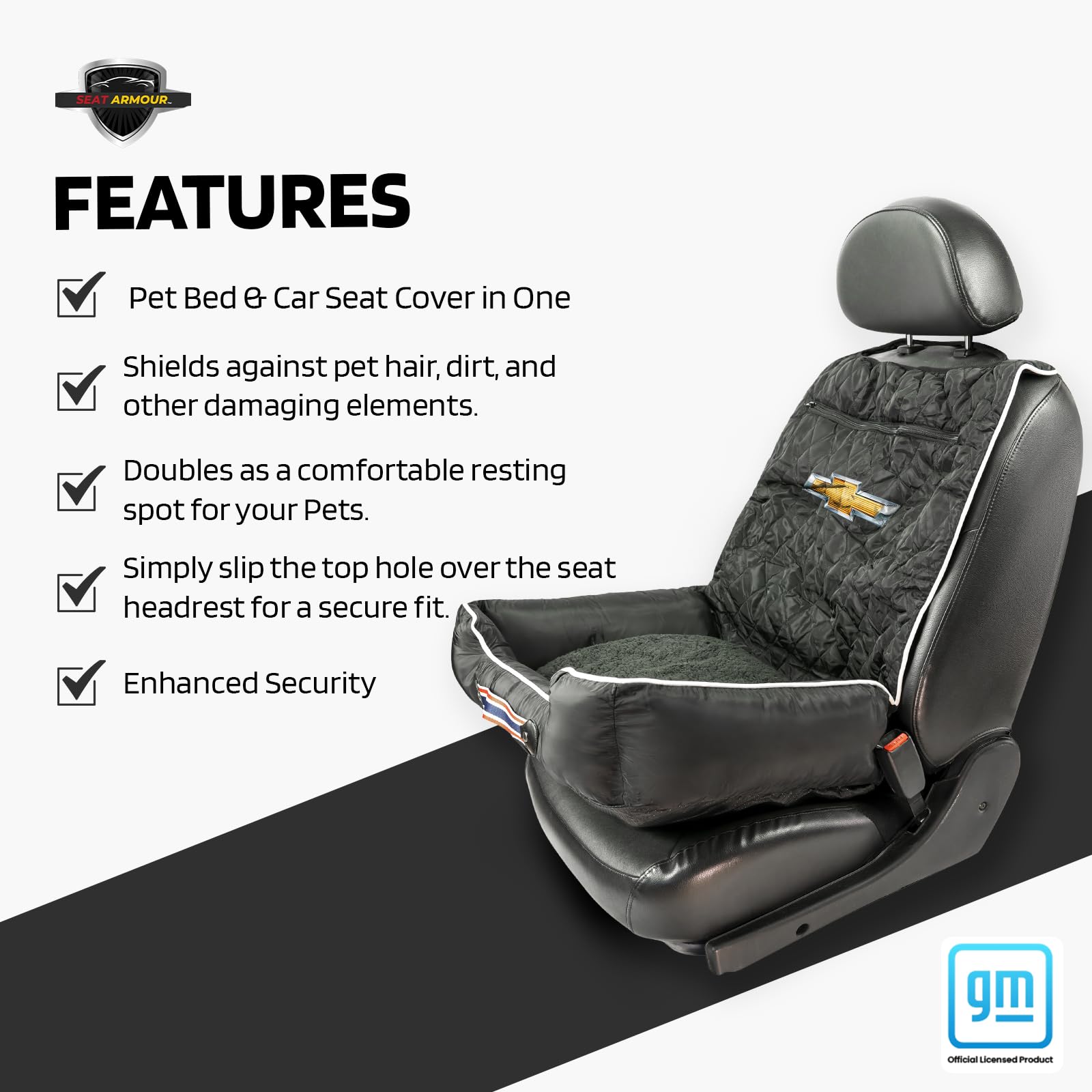 Seat Armour Chevrolet PetBed2GO Dog Car Seat Cover - 2-in-1 Pet Bed & Car Seat Protector for Dogs - Waterproof & Non-Slip Full Protection Pet Car Seat (26x20x6 in, 3.5 lbs, Black) - Perfect for Road Trips, Vet Visits & Daily Commutes