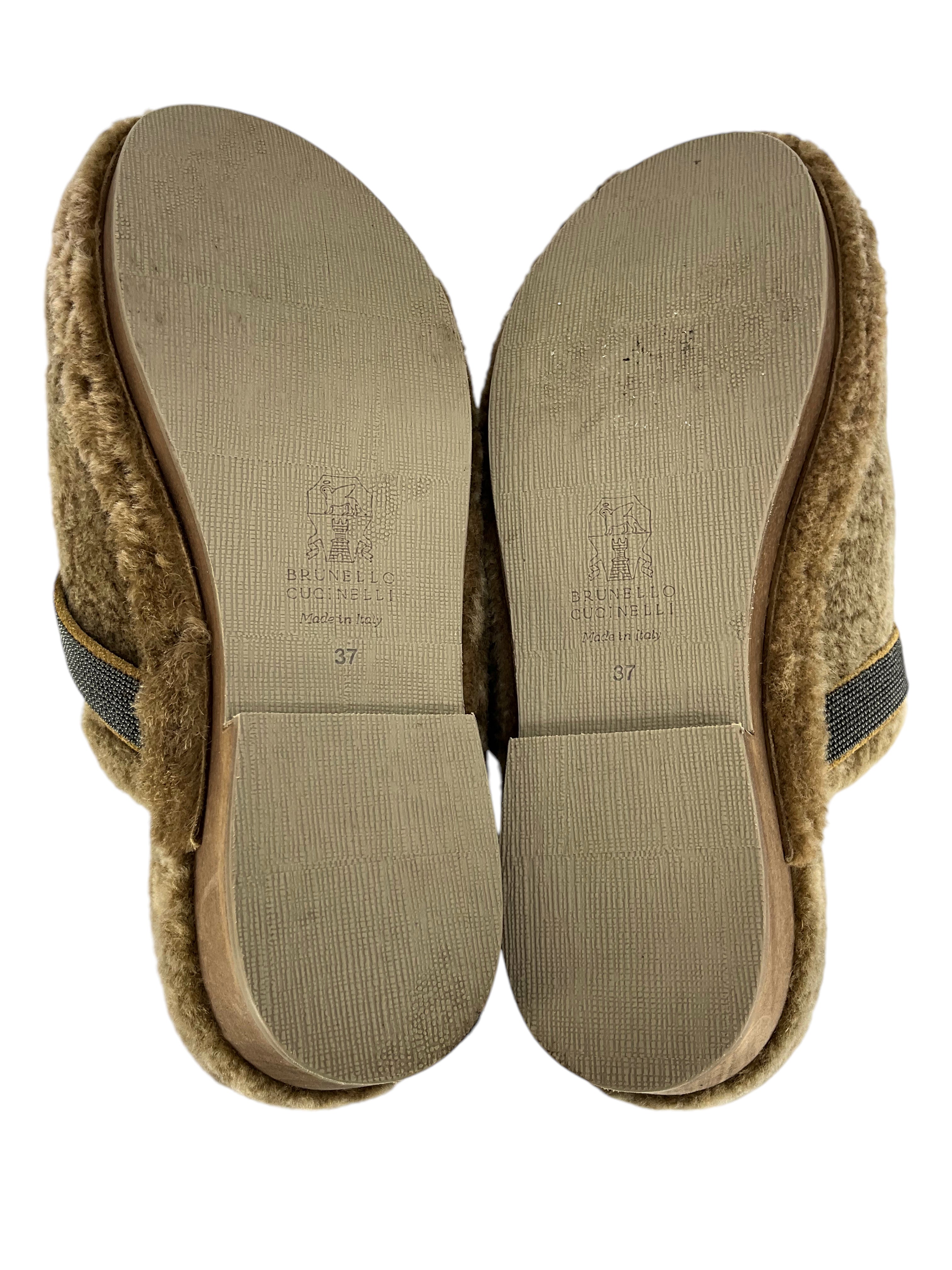 Brunello Cucinelli Shearling Monili Bead Clogs Women's Size 7 - Cozy Winter House Shoes for Indoor Comfort & Luxury Style