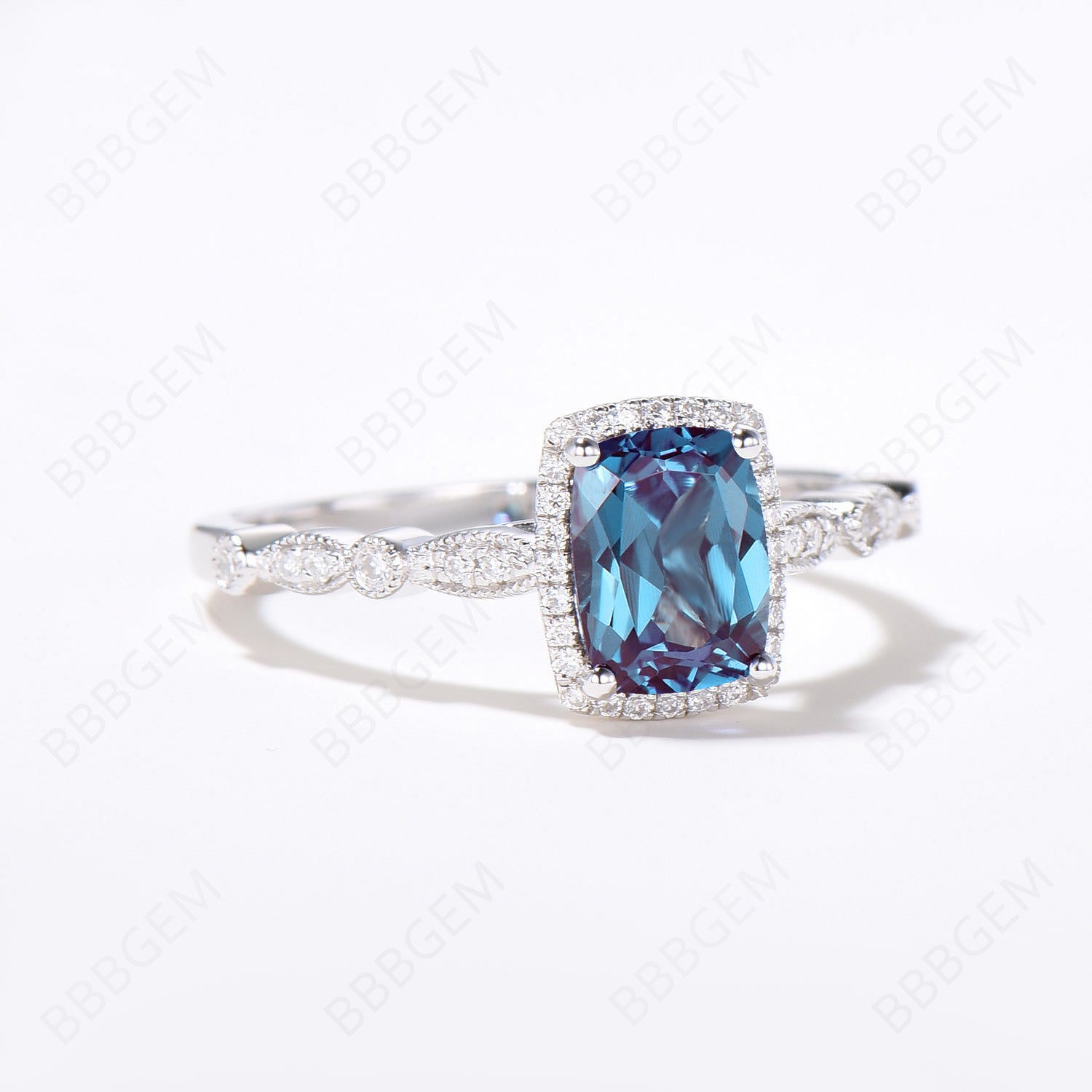 Stunning Cushion Cut Alexandrite Ring in Sterling Silver - Color Changing Gemstone Engagement Ring with Moissanite Halo & Antique Milgrain Detailing | Perfect for Weddings, Anniversaries & Special Occasions