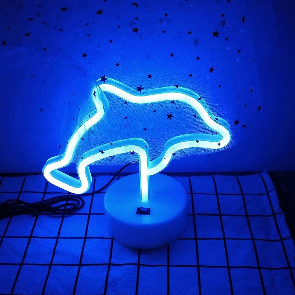 ENUOLI Blue Dolphin LED Night Light - USB/Battery Operated Neon Sign for Home Decor, Girls Bedroom, Living Room & Christmas Party - Perfect Kids Gift & Unique Table Lamp Decoration for Birthday, Wedding & Ocean Theme Events