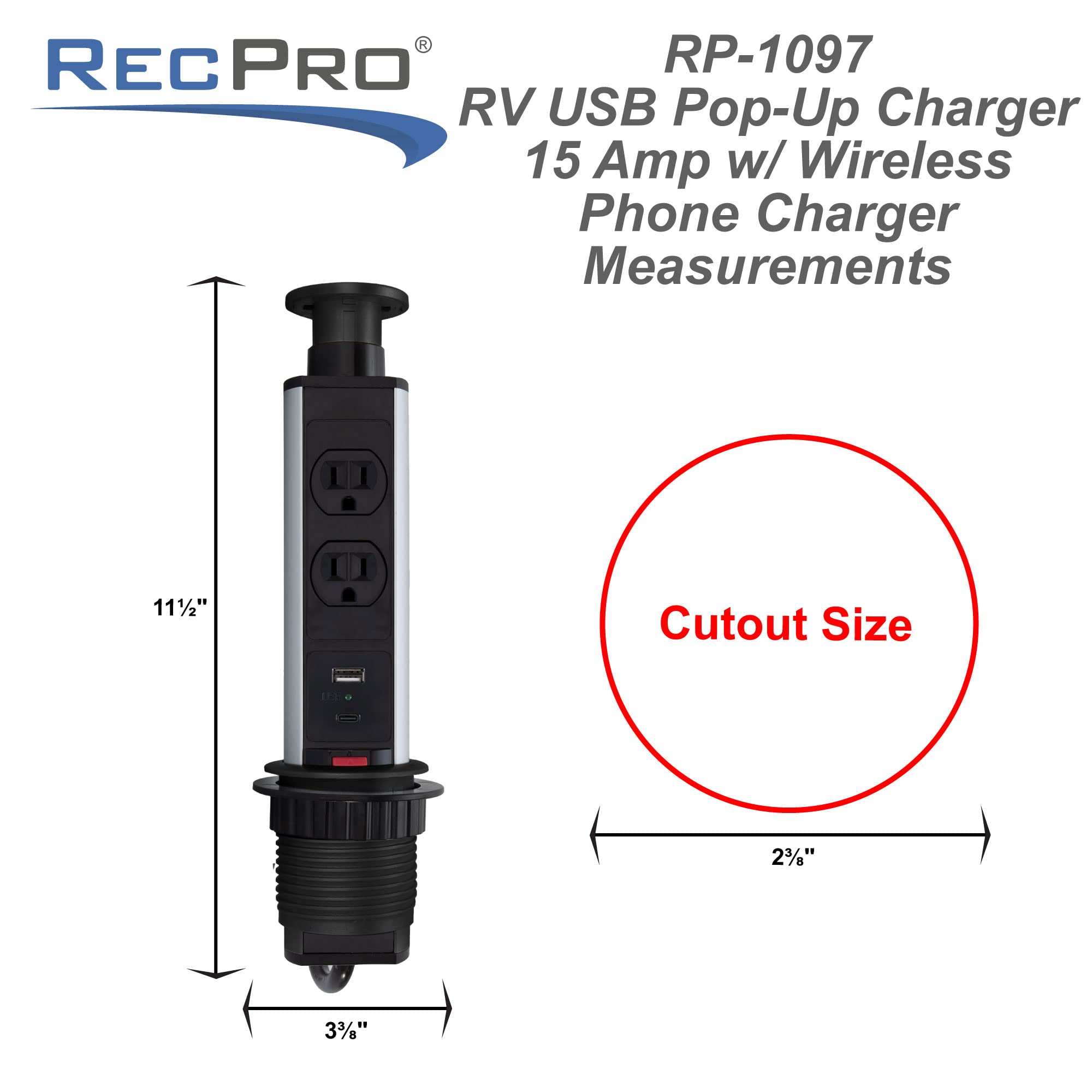 RecPro Pop Up Outlet Charger with Wireless Phone Charger & USB Ports - 15 Amp Power Outlet for Kitchen Countertops, Office Desks, and RV Use - Fast Charging Station for Phones, Tablets, and Devices