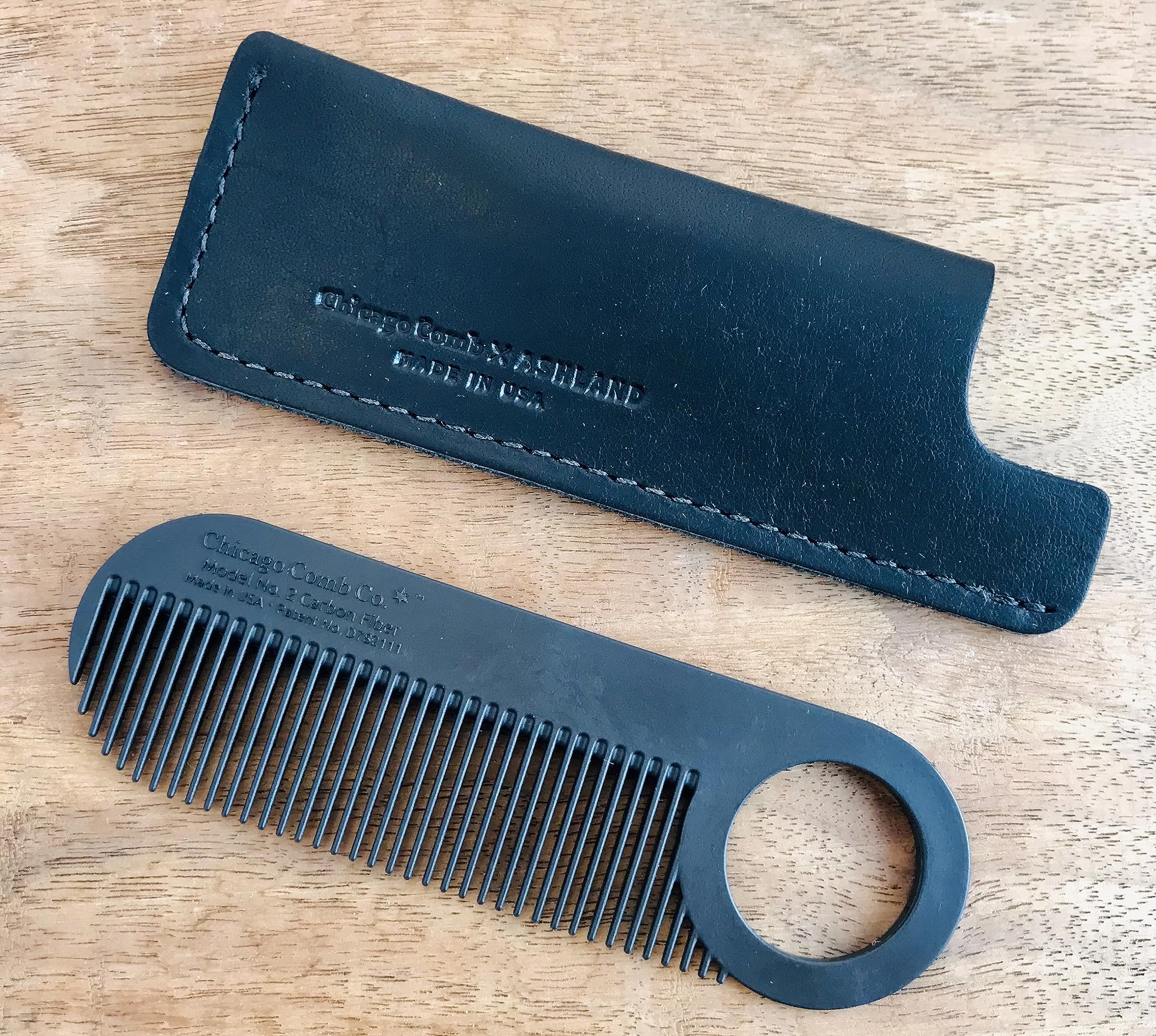 Premium Chicago Comb No. 2 - Carbon Fiber Comb with Black Horween Leather Sheath - Made in USA - Graphite Black & Dublin Black - Perfect for Travel, Grooming & Everyday Carry (EDC)