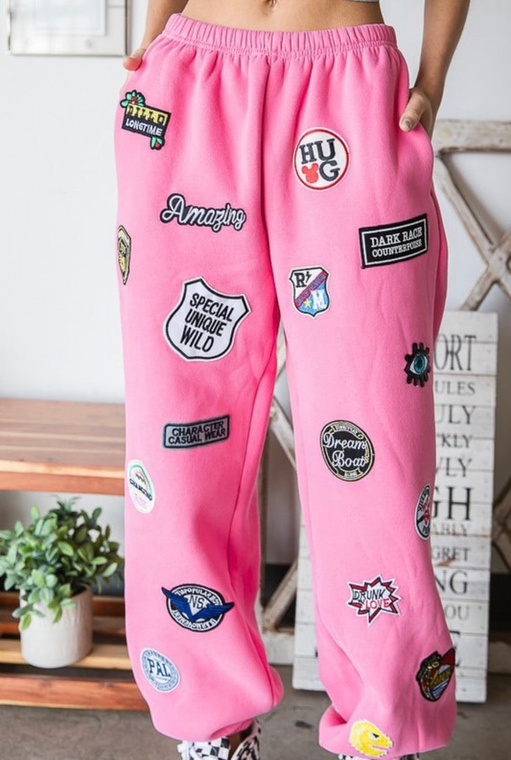 High Waisted Multi Patches Sweatpants for Women - Trendy Pink Joggers with Stylish Embroidered Details | Perfect for Casual Wear, Gym, and Lounge Outfits