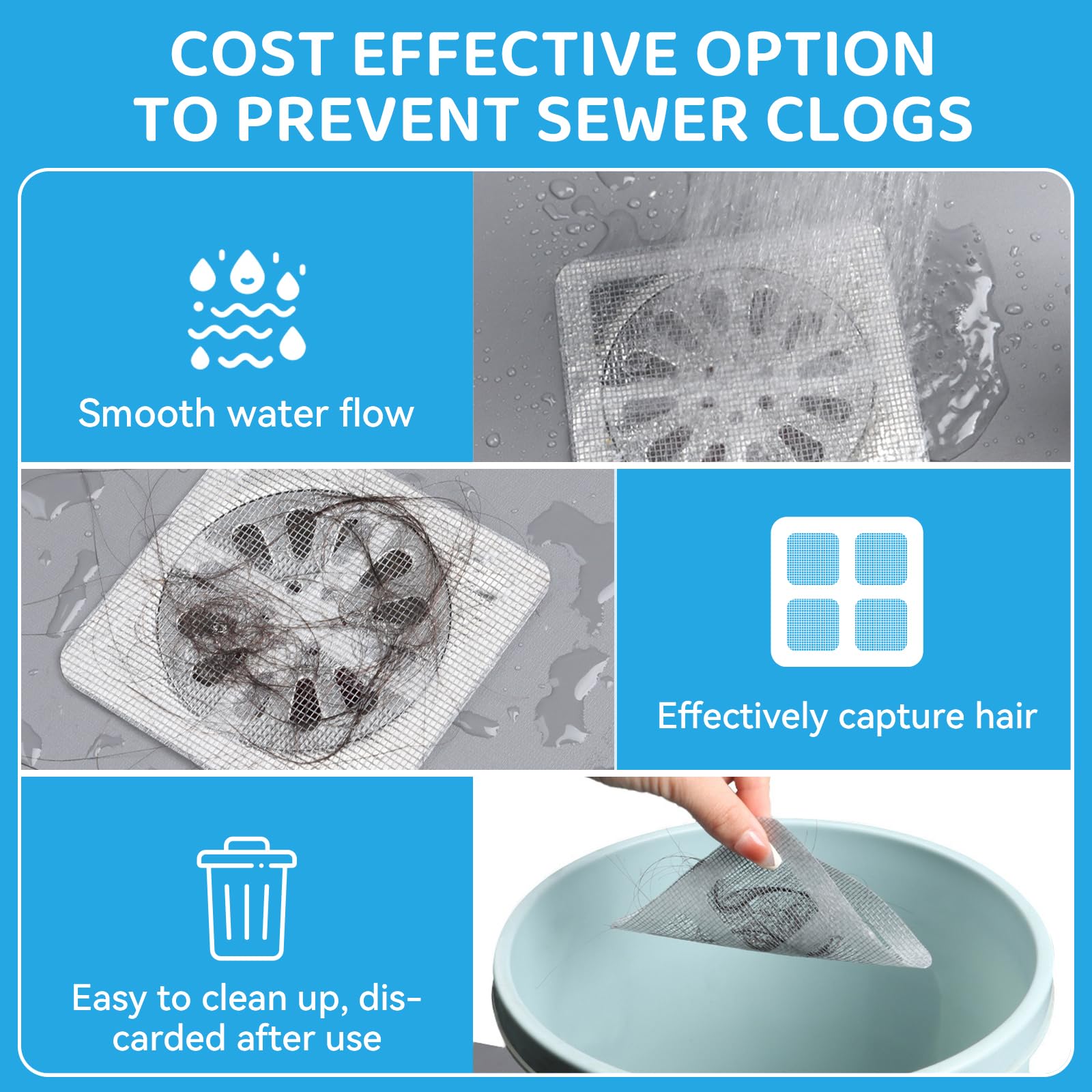 30 Pack Disposable Shower Drain Hair Catchers - Mesh Stickers for Bathroom, Washbasin, Bathtub & Kitchen Sink - Effective for Human and Pet Hair - Perfect for Home Cleaning and Hair Clog Prevention